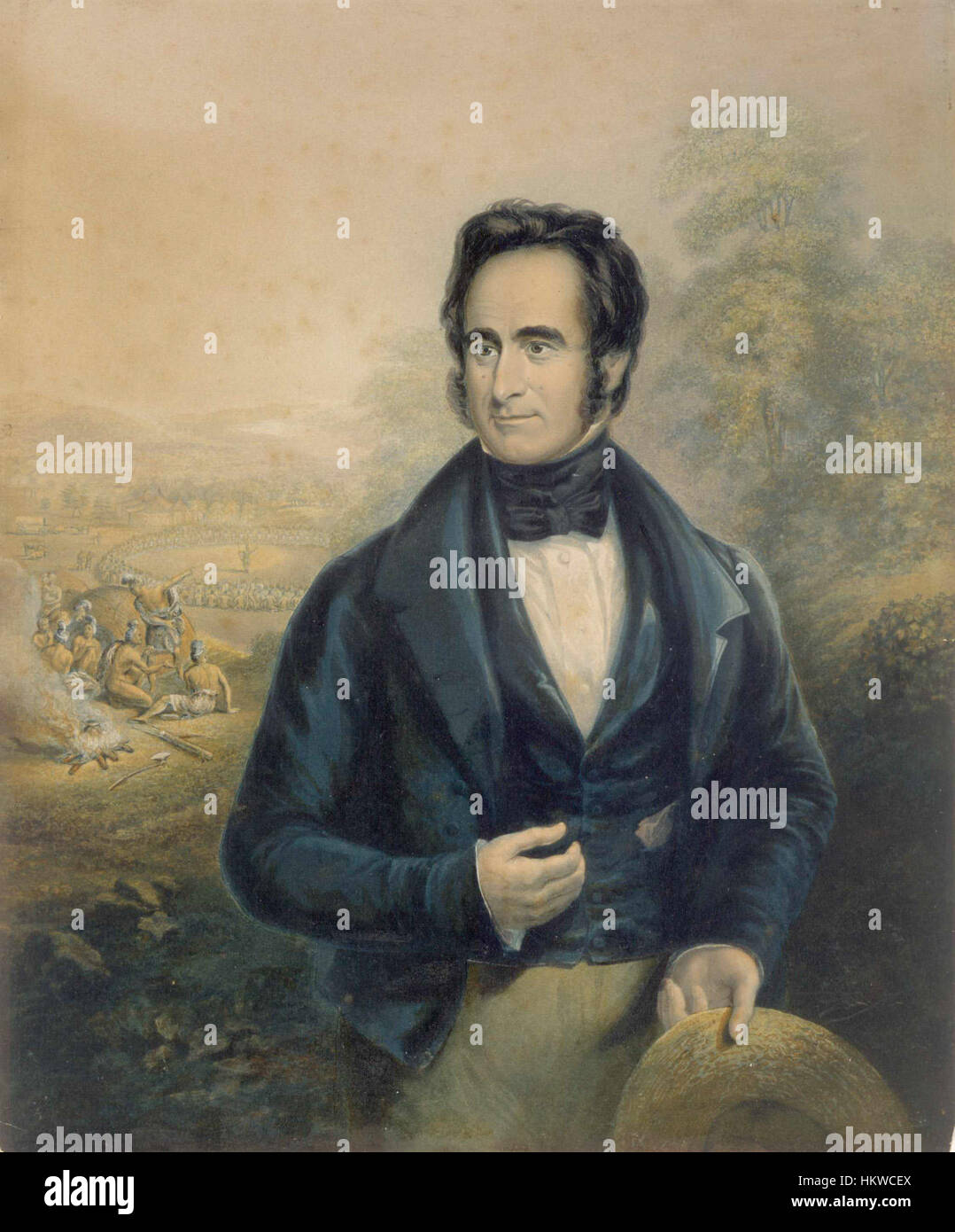 Dieses Ölgemälde von George Baxter aus dem Jahr 1843 zeigt Reverend Robert Moffat, einen bekannten schottischen Missionar in Afrika. Das Kunstwerk fängt Moffats Rolle in den religiösen und missionarischen Bewegungen des 19. Jahrhunderts ein und spiegelt seinen Einfluss auf die Verbreitung des Christentums im südlichen Afrika wider. Stockfoto