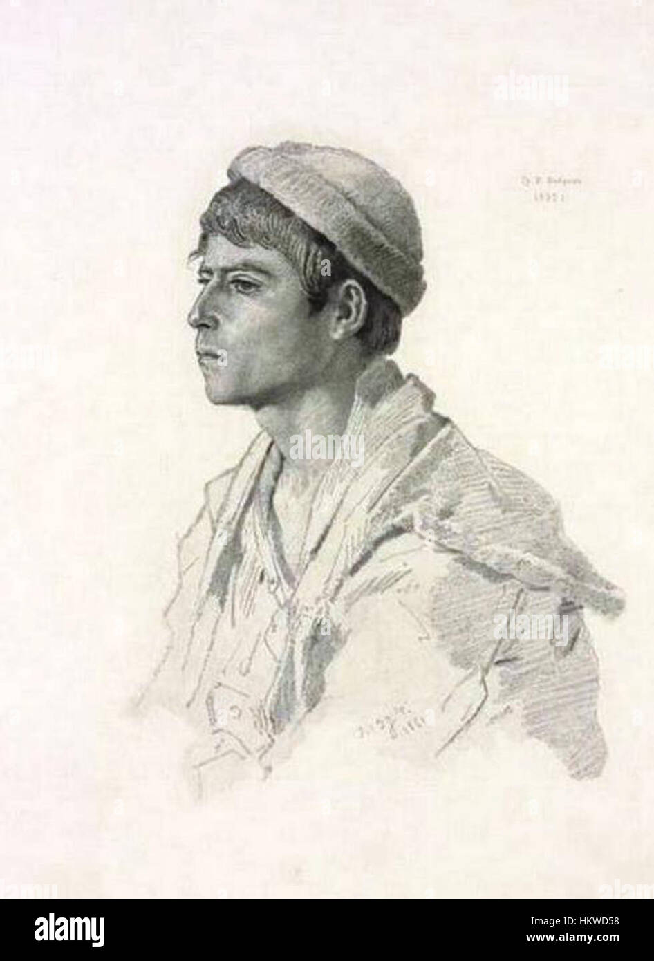 Dieses Porträt eines georgischen Individuums aus Kakhetia von T. Horschelt, das zwischen 1858 und 1863 gemalt wurde, zeigt die traditionelle Kleidung und das Erscheinungsbild der Einwohner der Region im 19. Jahrhundert. Stockfoto