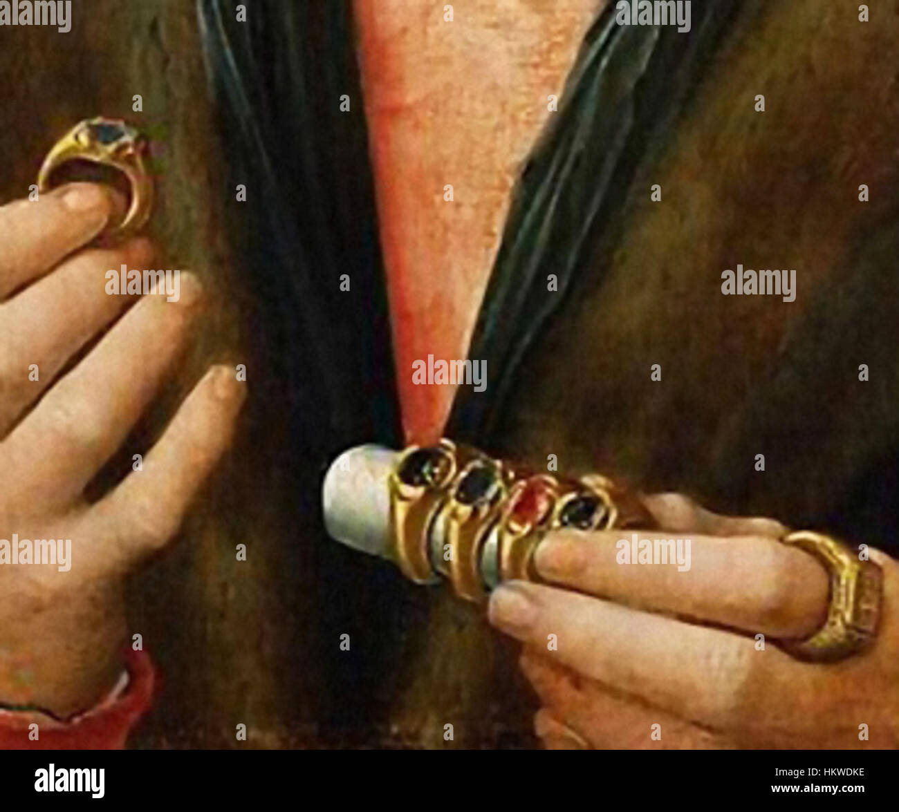 Ein Fragment aus Gerard Davids *Orefice* zeigt eine fein detaillierte religiöse Szene, die für den frühen niederländischen Stil des Künstlers charakteristisch ist. Das Bild reflektiert Davids technisches Können in der Erfassung religiöser Themen und menschlicher Emotionen. Stockfoto