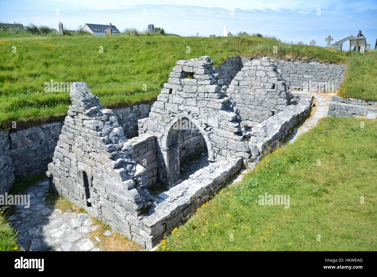 Ruinen der Caomhán Kirche. Das Gebäude stammt aus dem 10. Jahrhundert und wurde fast vollständig vom Sand begraben. Stockfoto