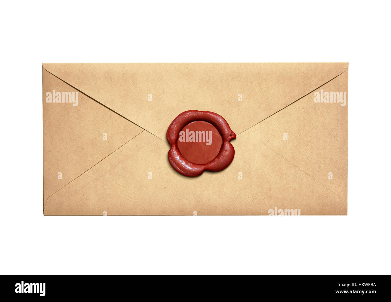 Alte schmale Briefumschlag mit Siegel aus rotem Wachs isoliert Stockfoto