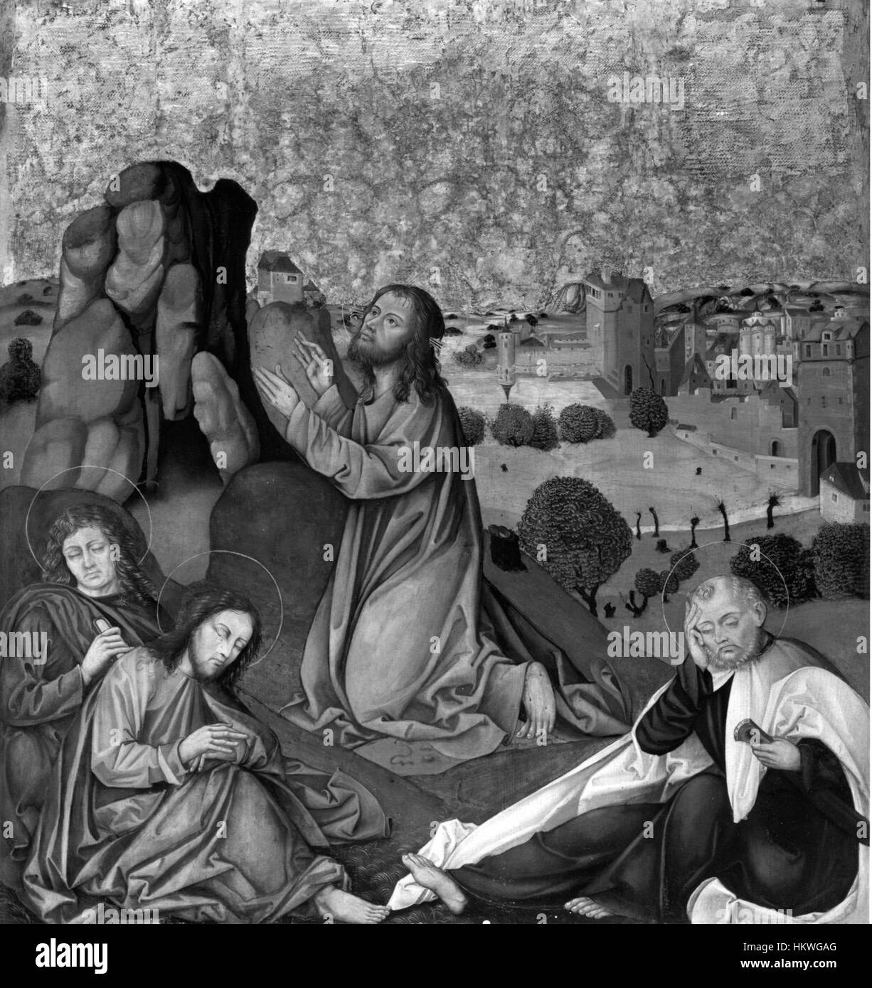 Dieser deutsche Altaraufsatz, der im Walters Art Museum gefunden wurde, stellt Christus im Garten Getsemani dar, ein bedeutender Moment in der Passion Christi. Das Gemälde fängt die emotionale Intensität der Szene ein. Stockfoto