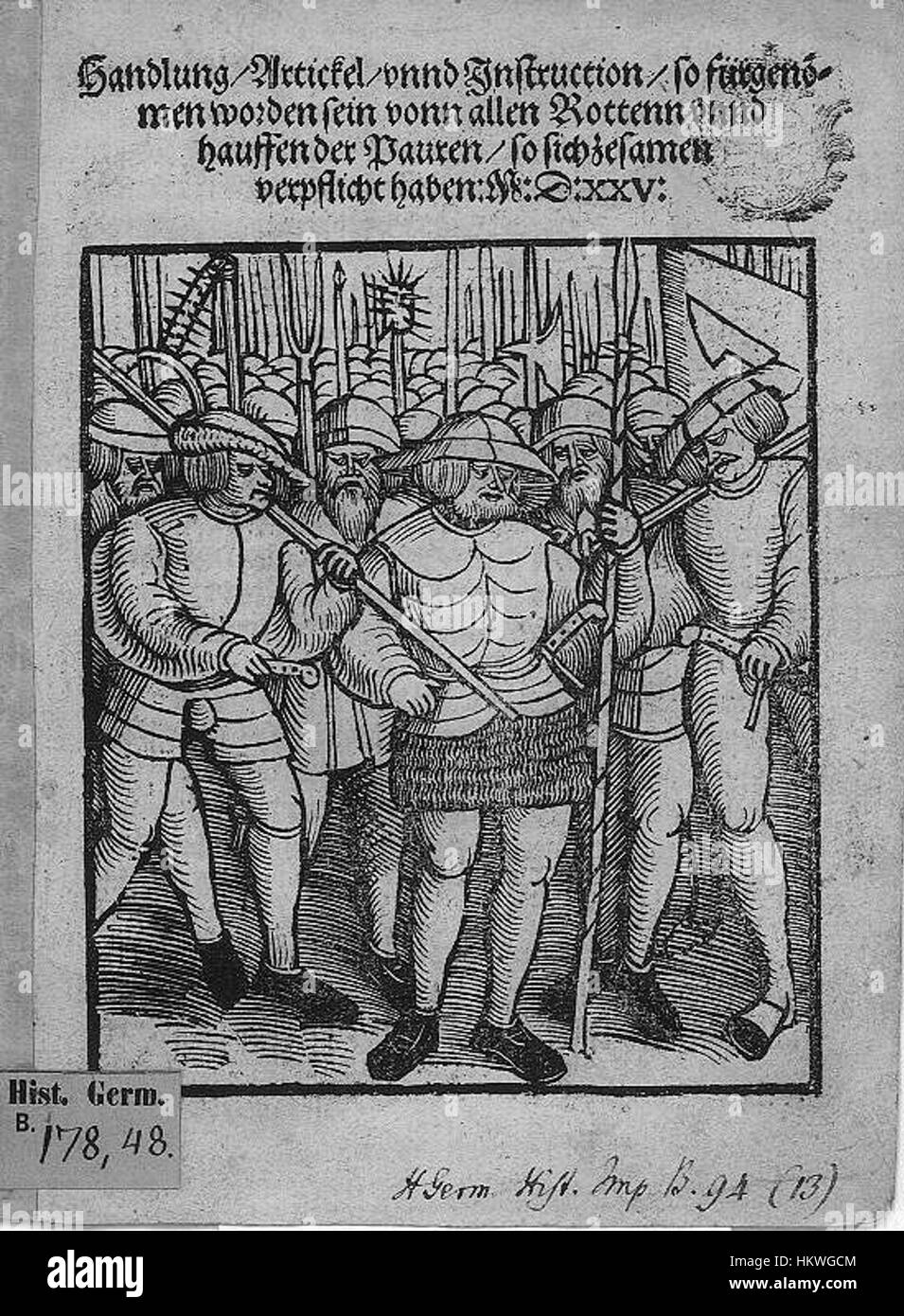 Der Deutsche Bauernkrieg war eine große Rebellion von 1524 bis 1525, hauptsächlich im Heiligen Römischen Reich. Dieses Gemälde veranschaulicht die Intensität des Konflikts, zeigt Bauern in Revolte gegen ihre Feudalherren und hebt die historischen und sozialen Spannungen dieser Zeit hervor. Stockfoto