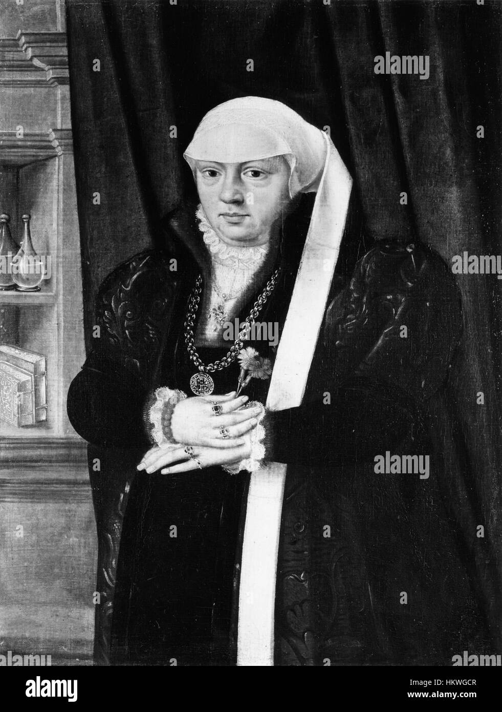 Dieses deutsche Porträt aus dem 17. Jahrhundert zeigt eine Frau mit rosa Blumen, die in Öl auf Leinwand gerendert sind. Das Gemälde ist Teil der Sammlung des Walters Art Museum. Das Stück veranschaulicht die Mode- und Porträtstile jener Zeit, mit zarten Details in der Kleidung der Frau und dem Blumendesign, das ihre Eleganz und ihren Status unterstreicht. Stockfoto