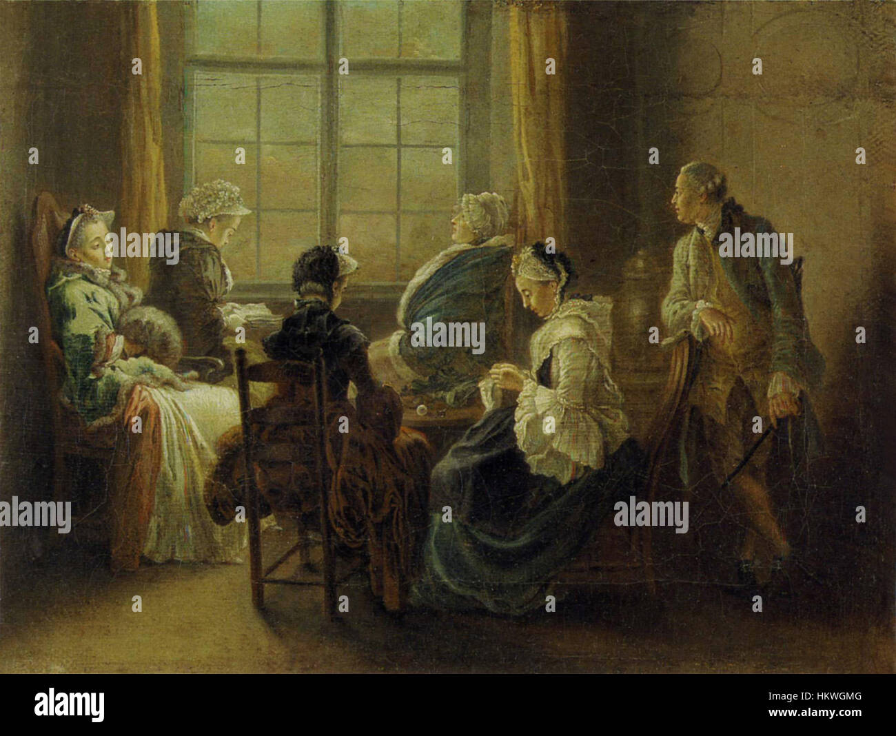 „Gesellschaft am Fenster“ von Daniel Chodowiecki präsentiert eine detaillierte Szene von Individuen, die an einem Fenster versammelt sind und das gesellschaftliche Leben und die Kleidung des 18. Jahrhunderts in einer detailreichen Gravur festhalten. Stockfoto