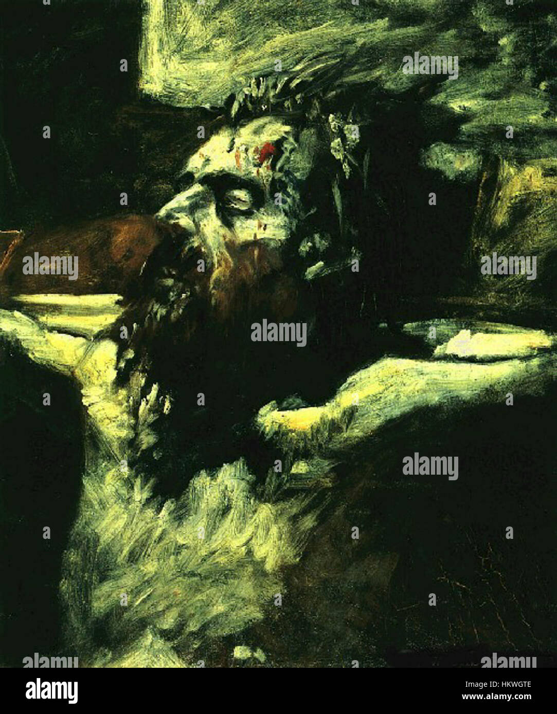 GE Christ Head ist ein religiöses Kunstwerk, das das heitere und kontemplative Bild Christi darstellt. Dieses Werk hebt die Gesichtszüge und emotionale Tiefe hervor, die mit christlicher religiöser Kunst aus der Renaissance verbunden sind. Stockfoto