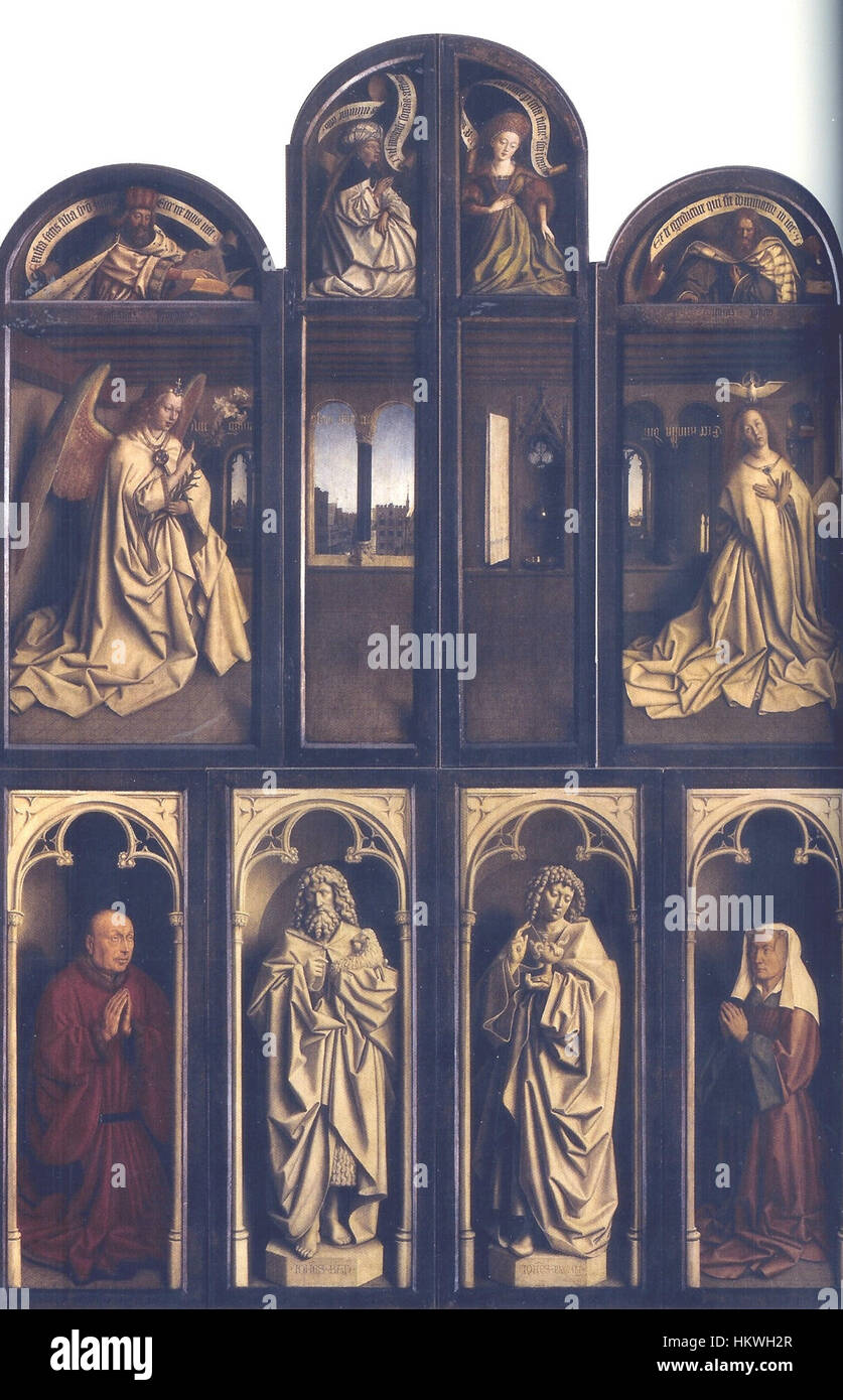 Die Rückseite des *Gent Altarpiece*, ein ikonisches Meisterwerk der Van Eyck Brüder. Dieser Abschnitt des Altaraufsatzes bietet komplizierte Details und zeigt religiöse Bilder und spätgotische Kunsttechniken. Stockfoto