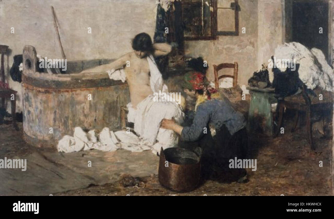 Dieses Gemälde von Giacomo Favretto mit dem Titel „Dopo il bagno“ zeigt eine ruhige Szene einer Frau in einer Umgebung nach dem Bad. Favrettos Verwendung von sanftem Licht und detaillierten Texturen vermittelt den intimen und ruhigen Moment und unterstreicht seine Meisterschaft in der Genremalerei und dem venezianischen Realismus. Stockfoto