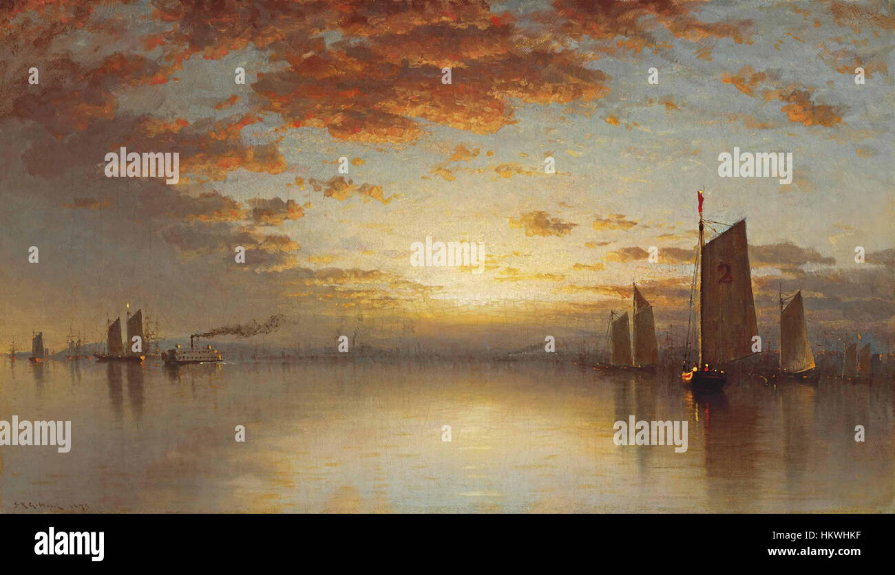 Gifford Sanford Robinsons „Sunset over New York Bay“ (1873) fängt eine ruhige Abendszene mit warmen Farbtönen ein, die sich vom Wasser reflektieren und die Skyline der Stadt umrahmen. Stockfoto