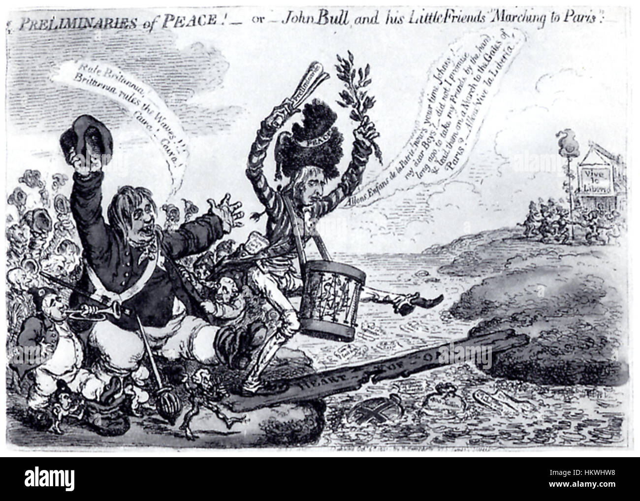 James Gillrays satirischer Gravur „Pre-minaries of Peace“ kritisiert die politische Landschaft des späten 18. Jahrhunderts. Bekannt für seine scharfen politischen Kommentare, nutzte Gillray Humor und Übertreibung, um Themen wie Diplomatie und Krieg während dieser Zeit zu thematisieren. Dieses Werk ist Teil seiner umfangreichen Sammlung politischer Cartoons, die auch in der Erforschung der britischen Geschichte und Karikaturkunst von Bedeutung sind. Stockfoto