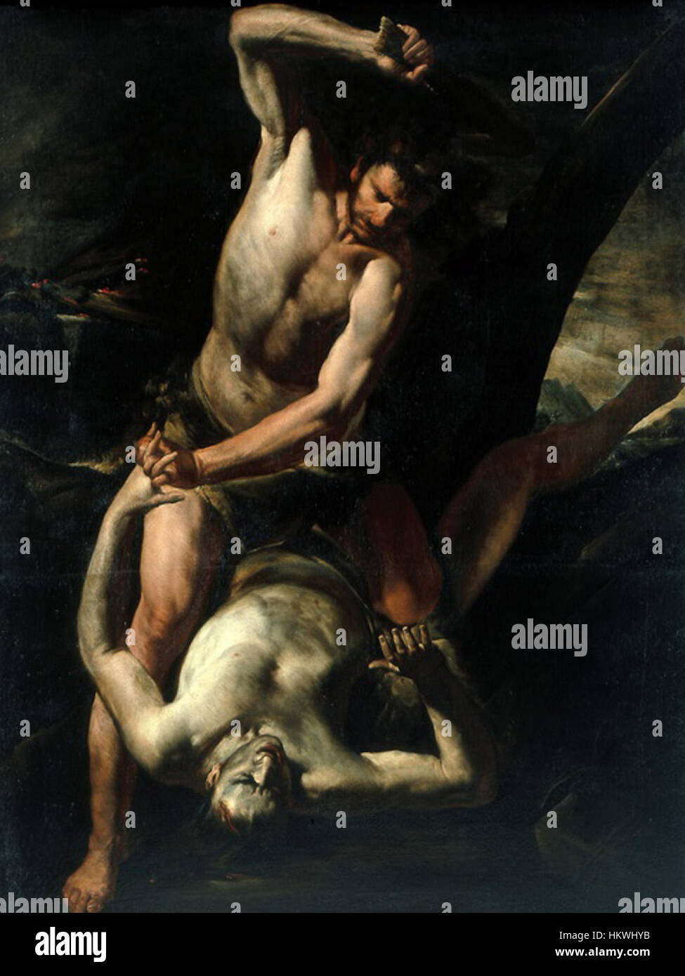 Gioacchino Asseretos „Kain und Abel“ ist ein mächtiges Ölgemälde, das die biblische Geschichte der beiden Brüder illustriert. Das Gemälde fängt anschaulich den Moment von Kains Eifersucht und das tragische Ergebnis ein und zeigt Asseretos dramatischen Einsatz von Licht und Schatten. Stockfoto