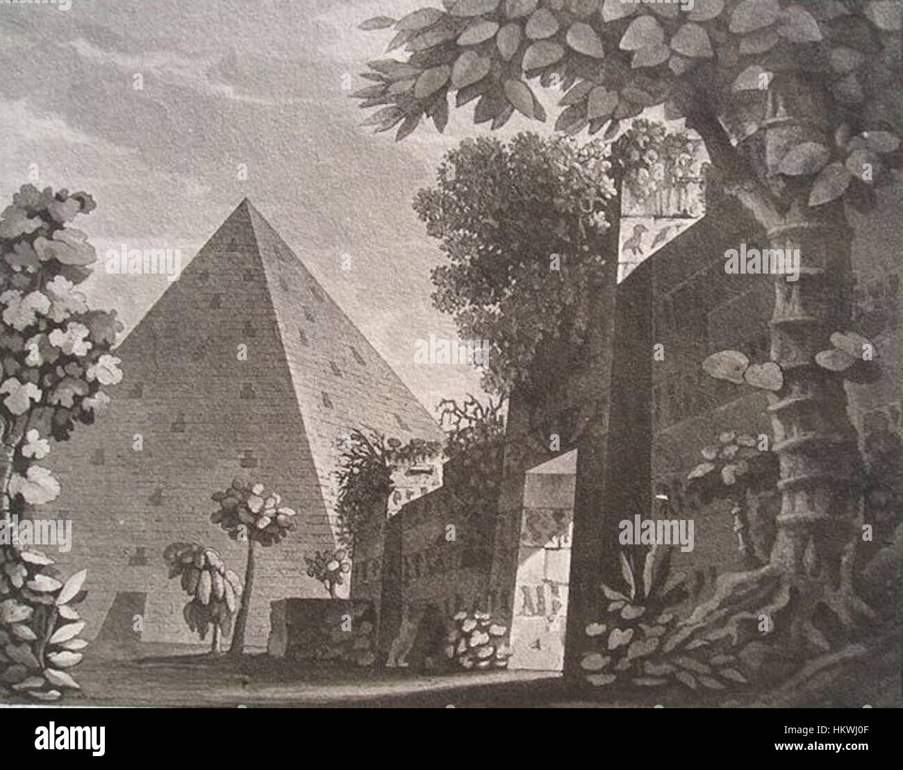Diese Szene aus Gioachino Rossinis Oper „Semiramide“, die 1824 von Alessandro Sanquirico und Stanislao Stucchi entworfen wurde, zeigt Akt 2, Szene 8, in der Nähe des Mausoleums von Nino. Das lebhafte Bühnendesign veranschaulicht die dramatische Kulisse der Oper. Stockfoto