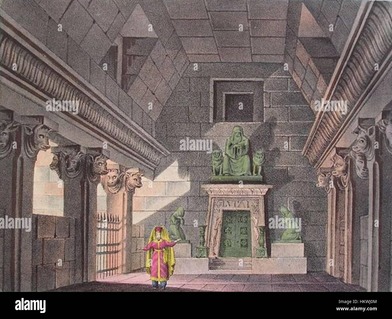 Dieses Kunstwerk von Alessandro Sanquirico, das 1824 für Rossinis Oper „Semiramide“ geschaffen wurde, zeigt Akt 2, Szene 4 der Oper. Die Szene zeigt das Innere des Heiligtums, ein bedeutender Moment in der dramatischen Erzählung. Sanquiricos detaillierte Inszenierung bietet Einblick in die Opernproduktion des 19. Jahrhunderts und die visuelle Gestaltung der italienischen Oper. Stockfoto