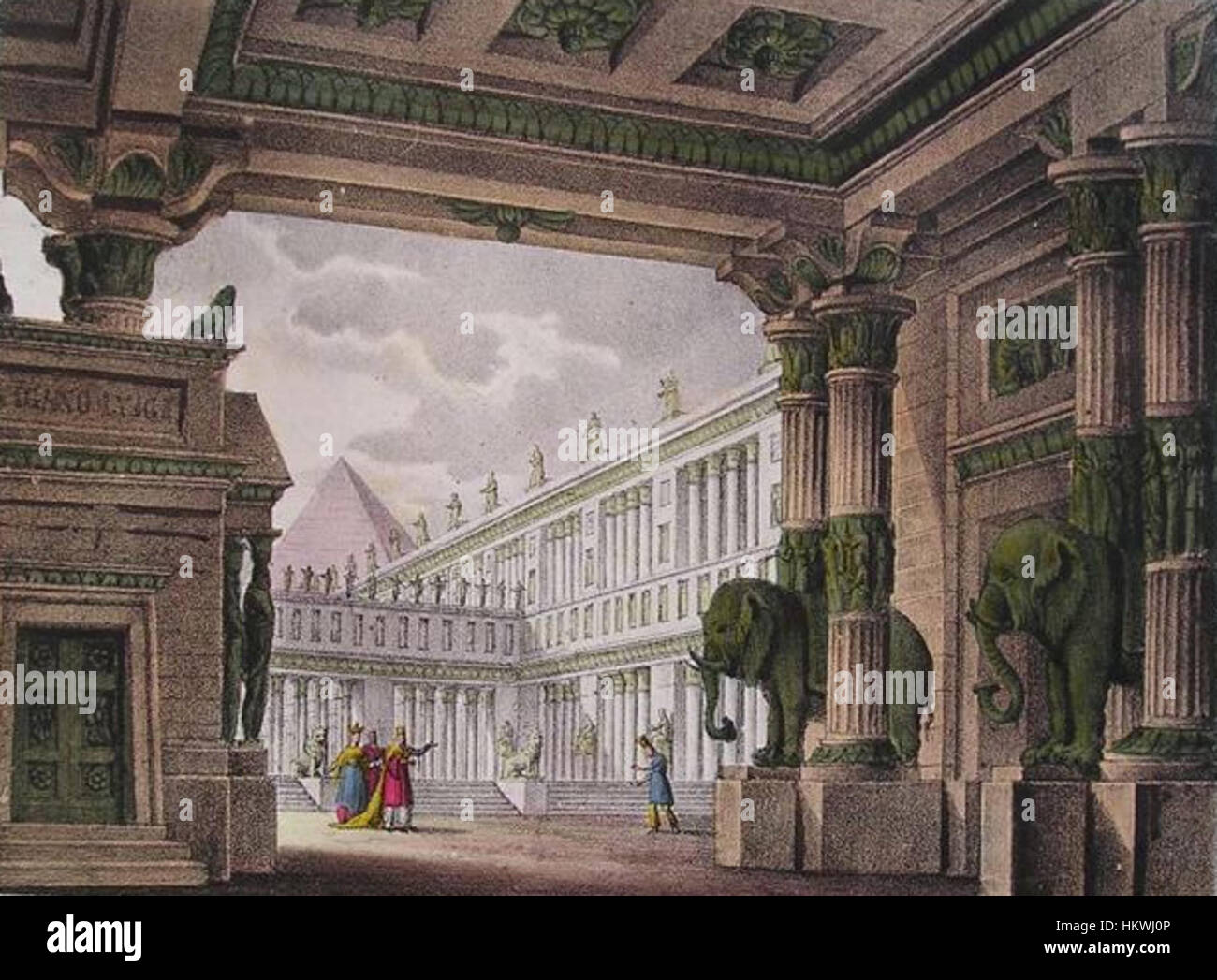 Das von Alessandro Sanquirico geschaffene Kunstwerk des 2. Aktes, Szene 8 aus Gioachino Rossinis Oper *Semiramide*, veranschaulicht einen dramatischen Moment, der in der Nähe des Mausoleums von Nino spielt. Dieses Stück geht auf das Jahr 1824 zurück und spiegelt die Pracht der Operninszenierung während dieser Zeit wider. Stockfoto