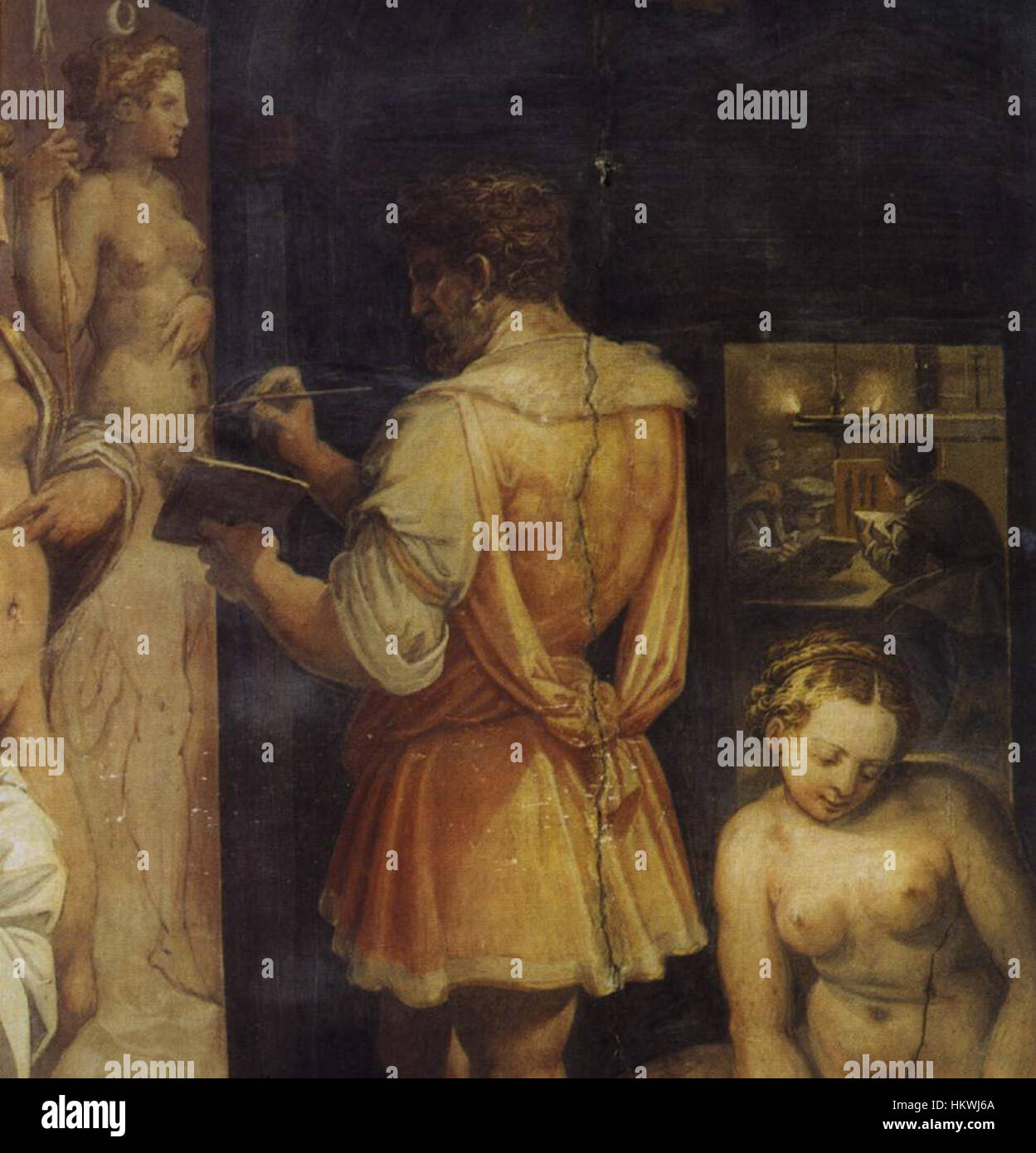 Ein detaillierter Abschnitt aus Giorgio Vasaris Gemälde „das Atelier des Malers“, in dem die Meisterschaft des italienischen Renaissance-Künstlers in der Darstellung des kreativen Prozesses im Atelier eines Künstlers dargestellt wird. Stockfoto