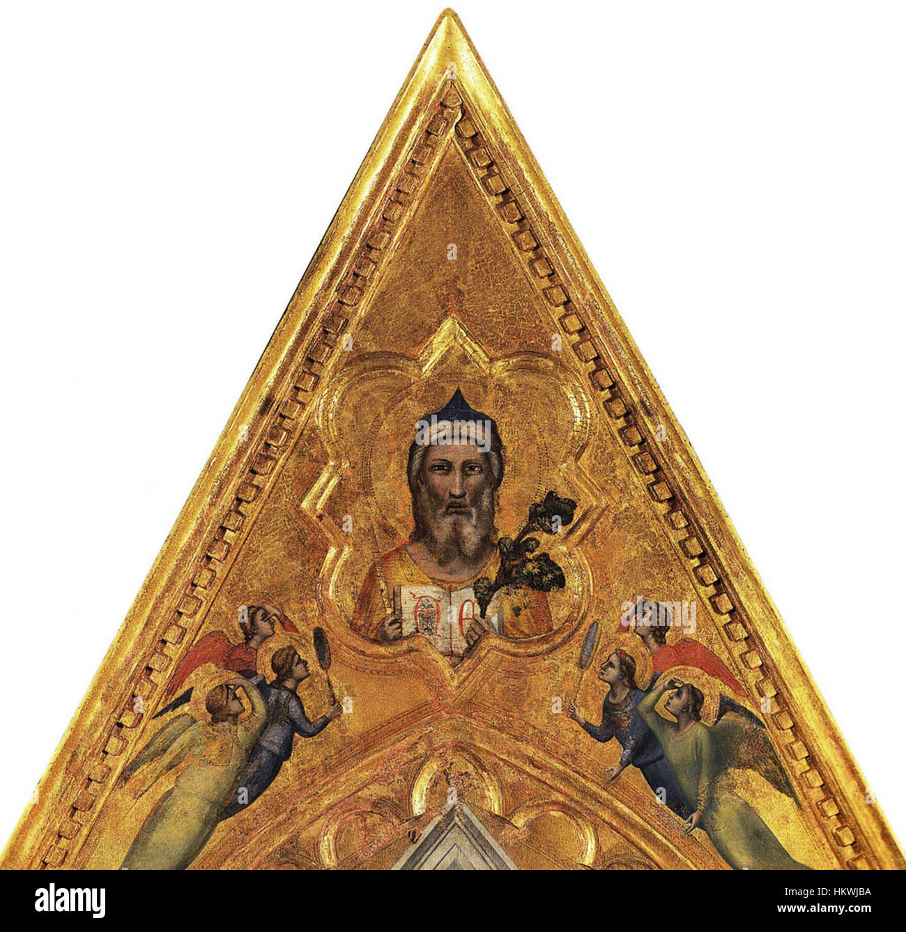 Giottos „Ewige und Engel“, möglicherweise Teil des Baroncelli-Polyptychons, ist ein ikonisches Beispiel italienischer Renaissance-Kunst. Das Gemälde spiegelt die Hingabe und den religiösen Symbolismus der Zeit wider, wobei der Schwerpunkt auf Engelsfiguren und sakralen Bildern liegt. Stockfoto