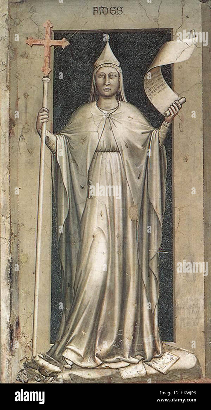 Giotto di Bondones Fresko „die sieben Tugenden – glaube“ stellt die allegorische Figur des Glaubens dar, die Teil eines größeren Werkes ist, das sich mit moralischen Tugenden in der mittelalterlichen religiösen Kunst befasst. Stockfoto