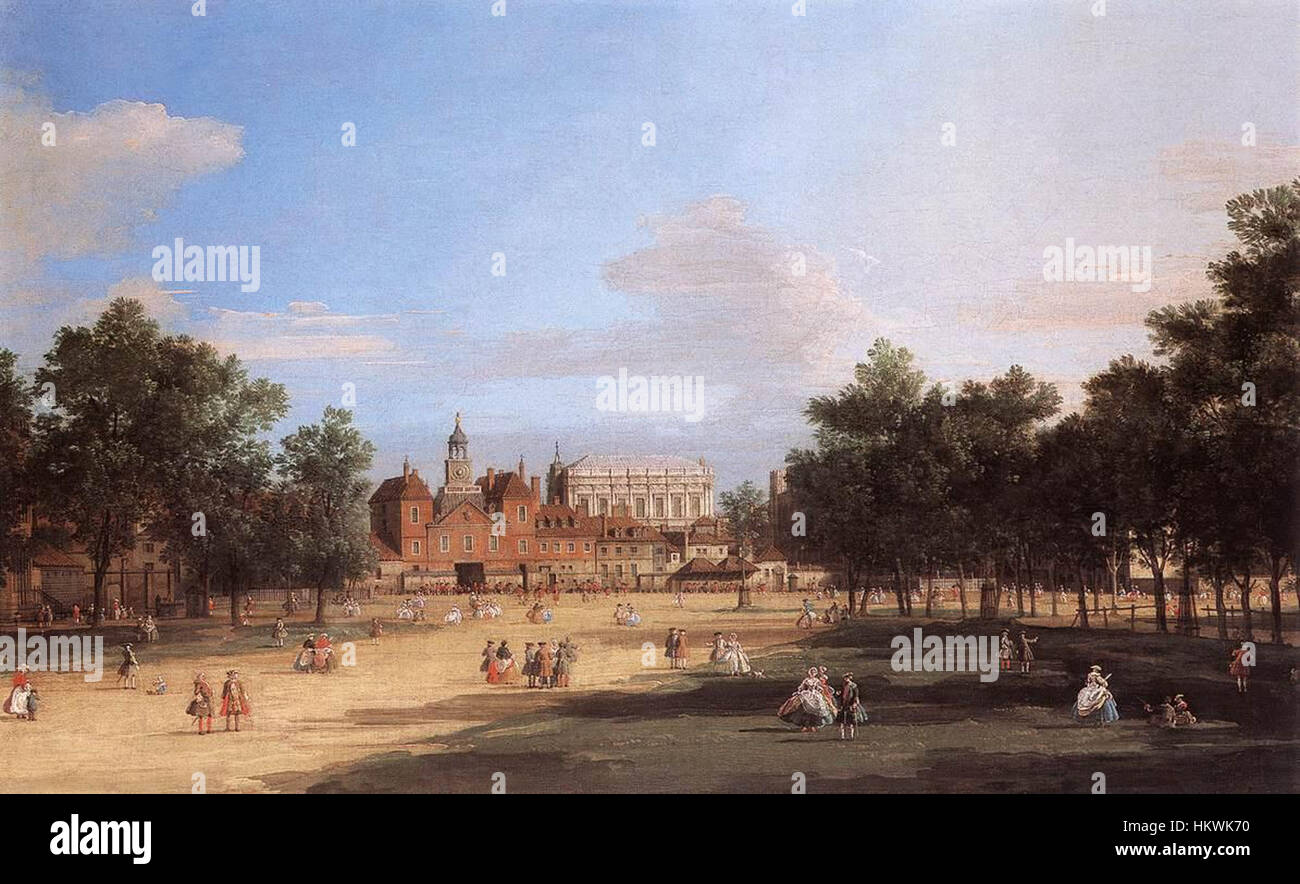 Dieses Gemälde von Giovanni Antonio Canal, auch bekannt als Canaletto, bietet einen detaillierten Blick auf Londons Old Horse Guards und die Banketthalle vom St. James’s Park. Es ist ein gutes Beispiel für Canalettos Fähigkeit, architektonische Landschaften präzise und klar darzustellen, typisch für sein Werk im 18. Jahrhundert. Stockfoto