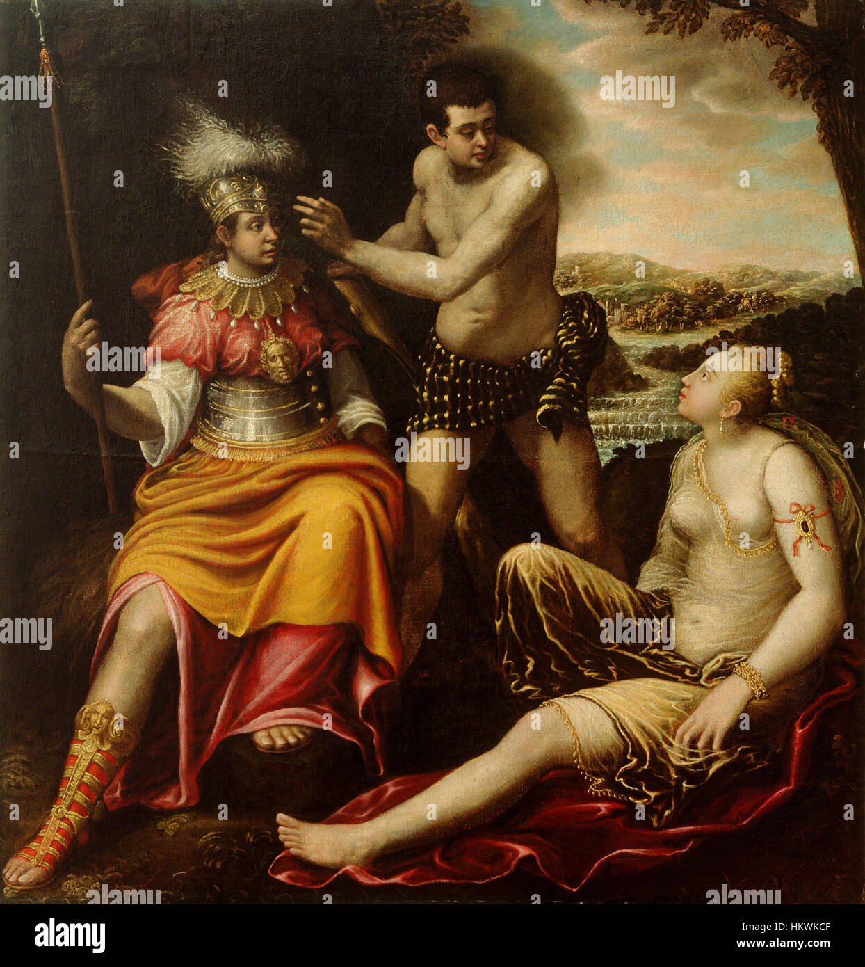 *Herkules at the Crossroads* von Giovanni Baglione ist ein italienisches Barockgemälde, das den mythologischen Helden Herkules an einem kritischen Punkt seines Lebens darstellt. Das Werk hebt die dramatische Beleuchtung und die intensive Emotionen der Barockkunst hervor und betont den inneren Kampf des Helden. Stockfoto