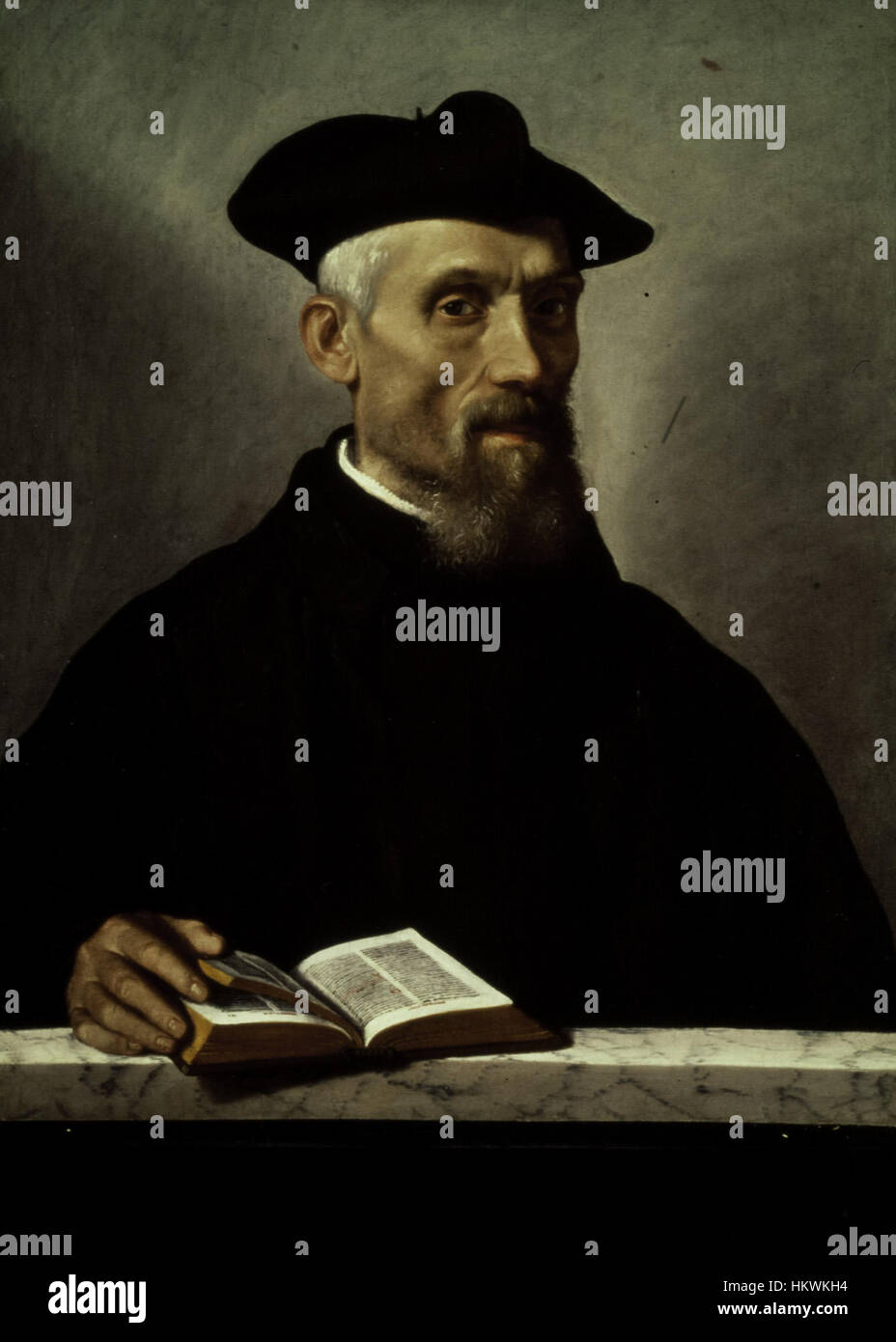 *Giovanni Battista Moronis* Porträt eines kirchlichen Geistlichen aus dem Jahr 1622 fängt die Figur eines Geistlichen mit auffallendem Realismus ein. Das Gemälde zeigt Moronis Geschick in der Darstellung von Individuen aus verschiedenen Lebensbereichen und unterstreicht seine Expertise in der Porträtfotografie. Stockfoto