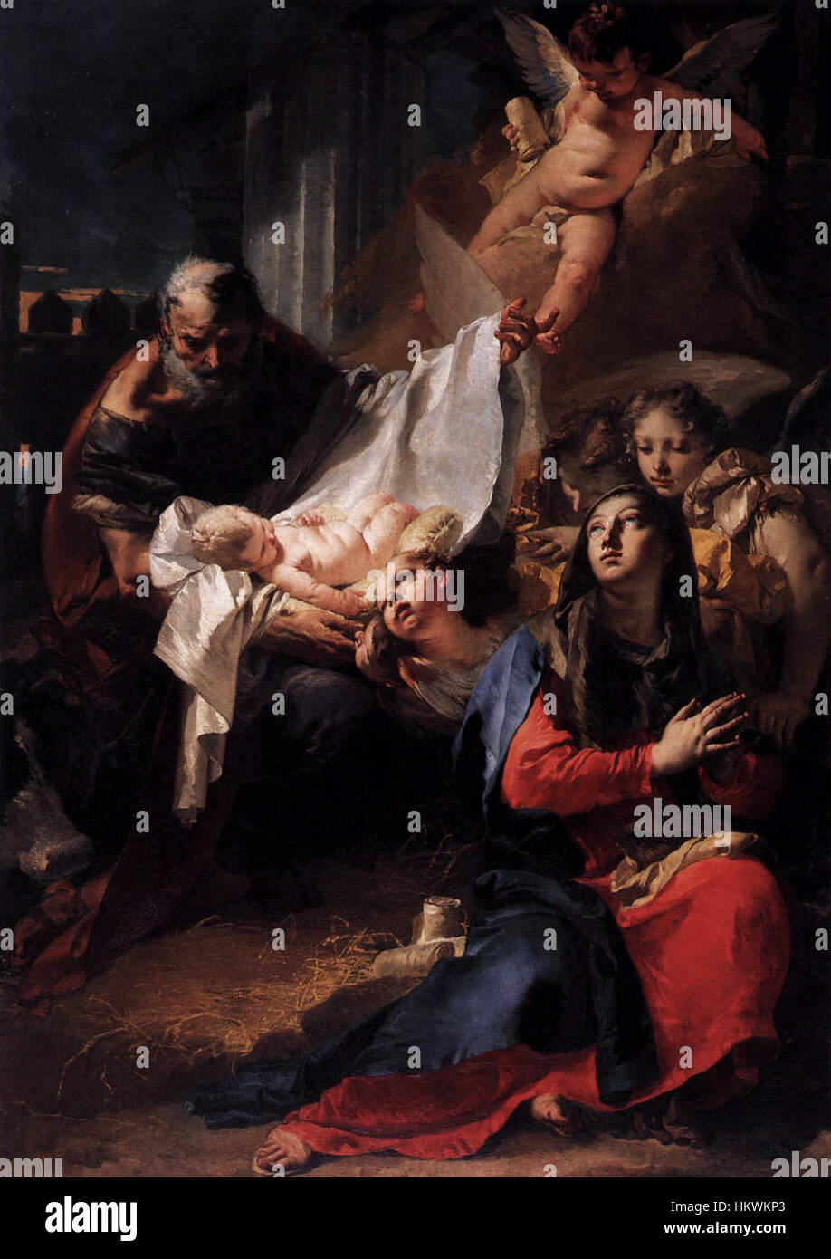 Giovanni Battista Tiepolos „Geburt“ ist ein barockes Meisterwerk, das die Geburt Christi mit dynamischer Komposition und reicher Farbe darstellt. Das Gemälde wird für seine komplizierten Details und die dramatische Verwendung von Licht gefeiert. Stockfoto