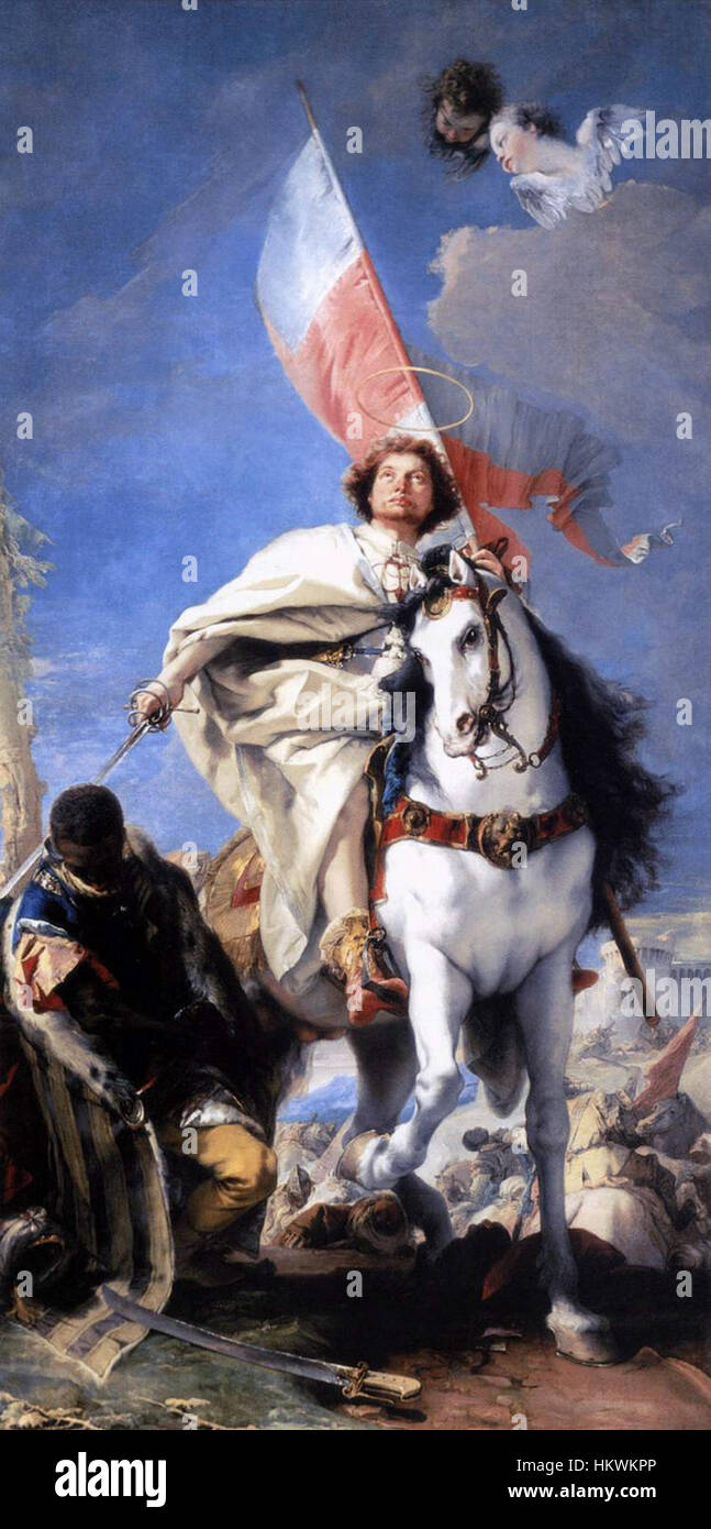 Giovanni Battista Tiepolos Ölgemälde „St James the Greater Conquering the Moors“ zeigt einen historischen Moment mit dynamischen Figuren in der Kampfszene. Das Werk zeigt Tiepolos meisterhafte Verwendung von Licht und dramatischen Kompositionen. Es ist Teil seiner Auseinandersetzung mit religiösen und historischen Themen und veranschaulicht die barocke Kunst. Stockfoto