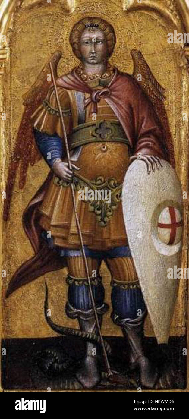 Giovanni di Paolos „der Erzengel Michael“ stellt die legendäre Figur im traditionellen Renaissance-Stil dar, wobei er in kräftigen Farben und präzisen Details den Sieg des Erzengels über das Böse darstellt. Stockfoto