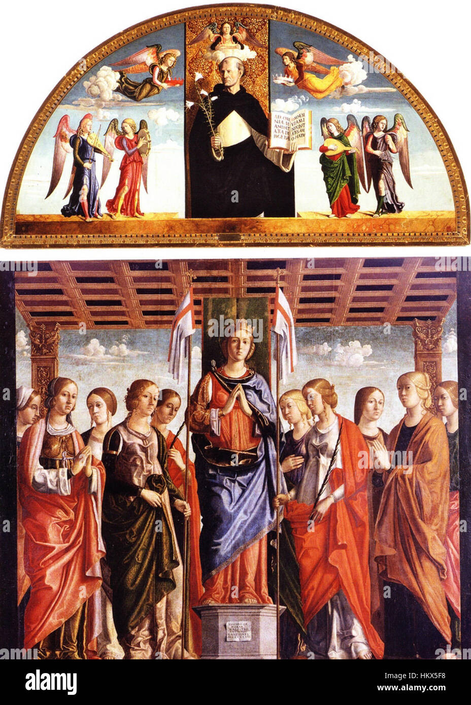 Ein Gemälde von Giovanni Martini mit dem Titel „Pala di Sant'Orsola“, das religiöse Themen mit reichen Details darstellt. Das Werk zeigt Martinis Kunst in der religiösen Ikonographie und ist ein bedeutendes Beispiel für Kunst der frühen Renaissance. Stockfoto