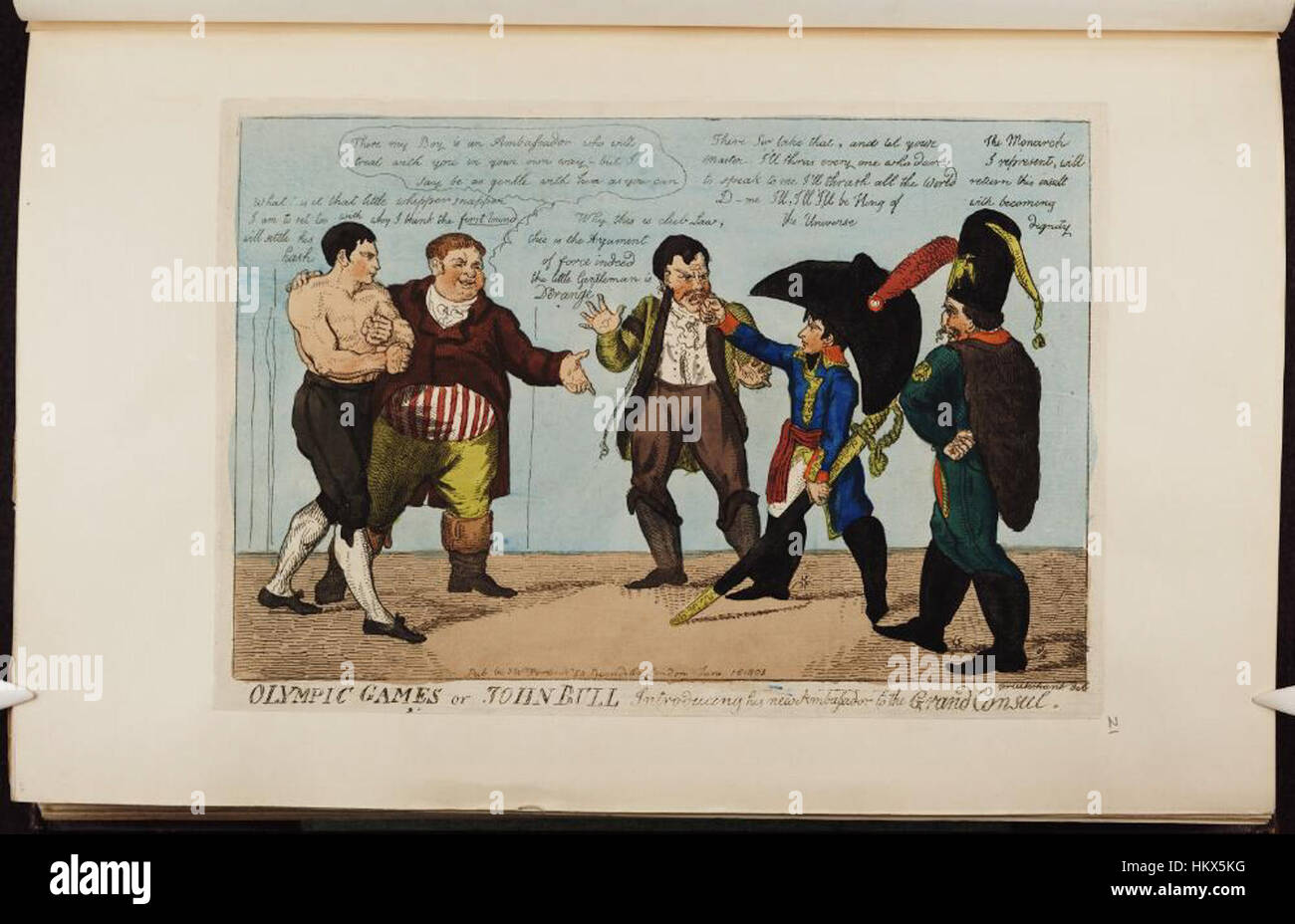 Diese Illustration aus den Bodleian Libraries zeigt eine satirische Darstellung von John Bull, die Großbritannien symbolisiert und seinen Botschafter dem Großkonsul vorstellt. Es beleuchtet die politischen Themen des frühen 19. Jahrhunderts, die während der Olympischen Spiele häufig als Kommentar verwendet wurden. Stockfoto