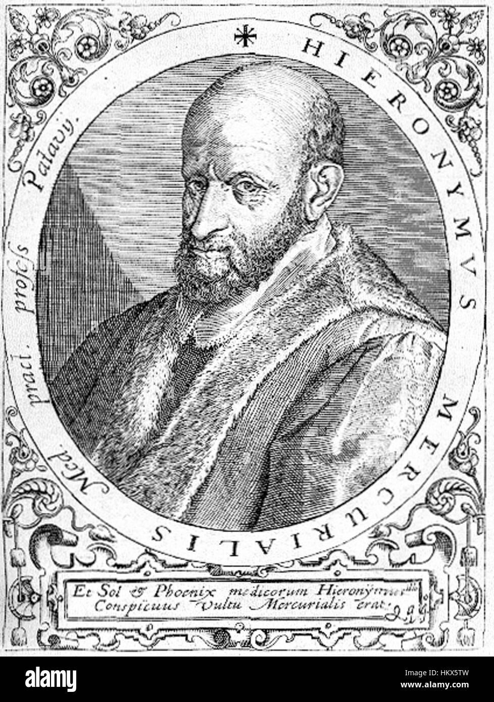 Das Kunstwerk „Girolamo Mercuriali von de Bry“ ist ein detailliertes Porträt des renommierten italienischen Arztes und medizinischen Schriftstellers Girolamo Mercuriali. Das von de Bry geschaffene Stück zeigt die Kunst des Künstlers in der Gravur und historischen Porträtmalerei. Stockfoto