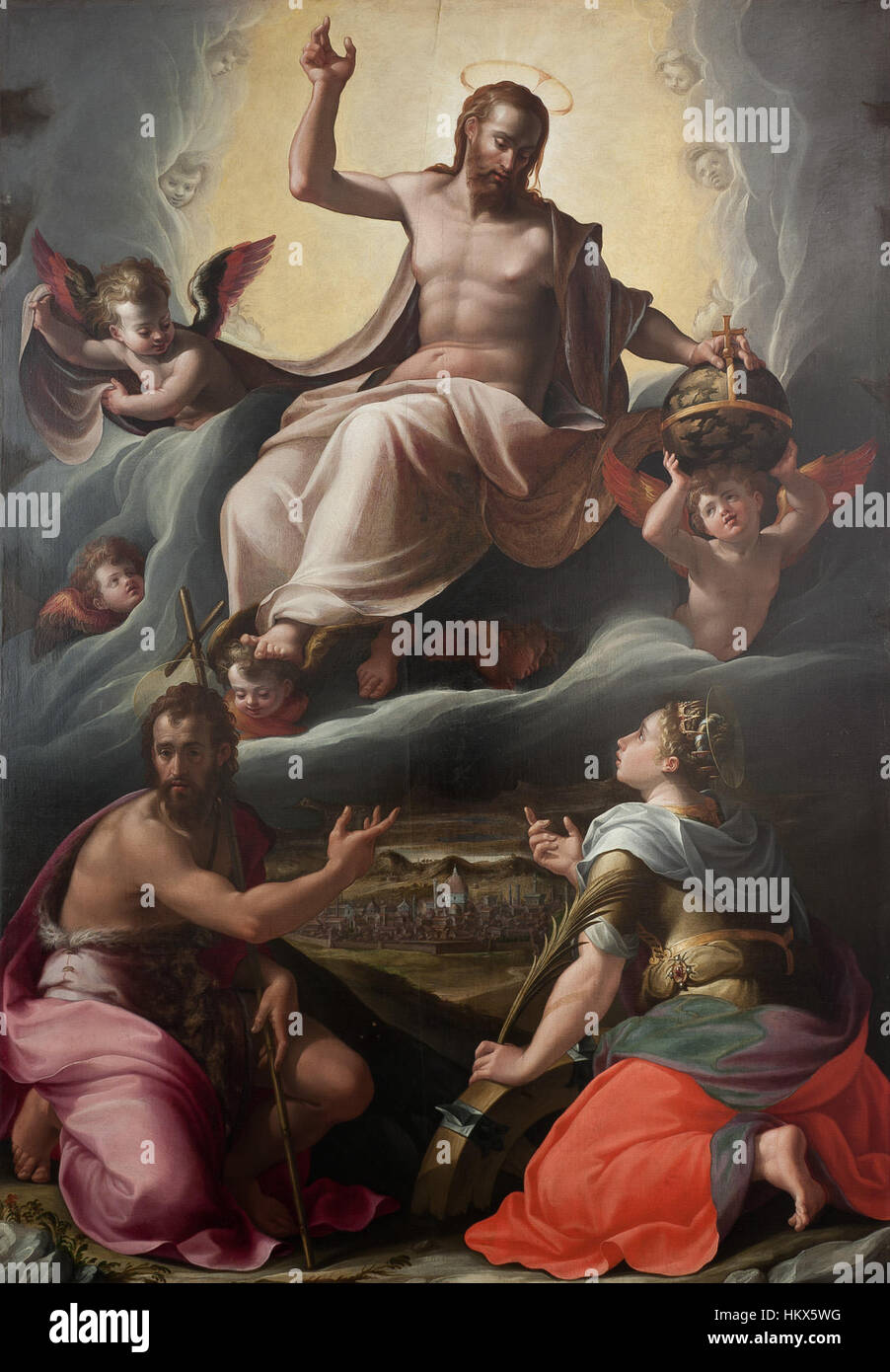 Girolamo Macchiettis „Pala Lioni“ ist ein Altaraufsatz, der für seine Darstellung religiöser Figuren bekannt ist. Das Gemälde spiegelt die Kunst der Renaissance mit lebendigen Farben und detaillierten Bildern wider und zeigt die Beherrschung des Lichts und der Form des Künstlers. Stockfoto