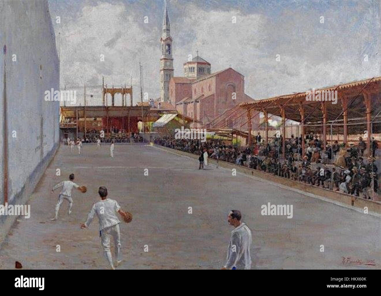 Ein Gemälde aus dem 18. Jahrhundert, das ein traditionelles italienisches Spiel zeigt, „Giuco del Pallone“, das oft als Vorläufer des modernen Fußballs angesehen wird. Das Gemälde fängt den sportlichen und kulturellen Kontext des Spiels ein. Stockfoto