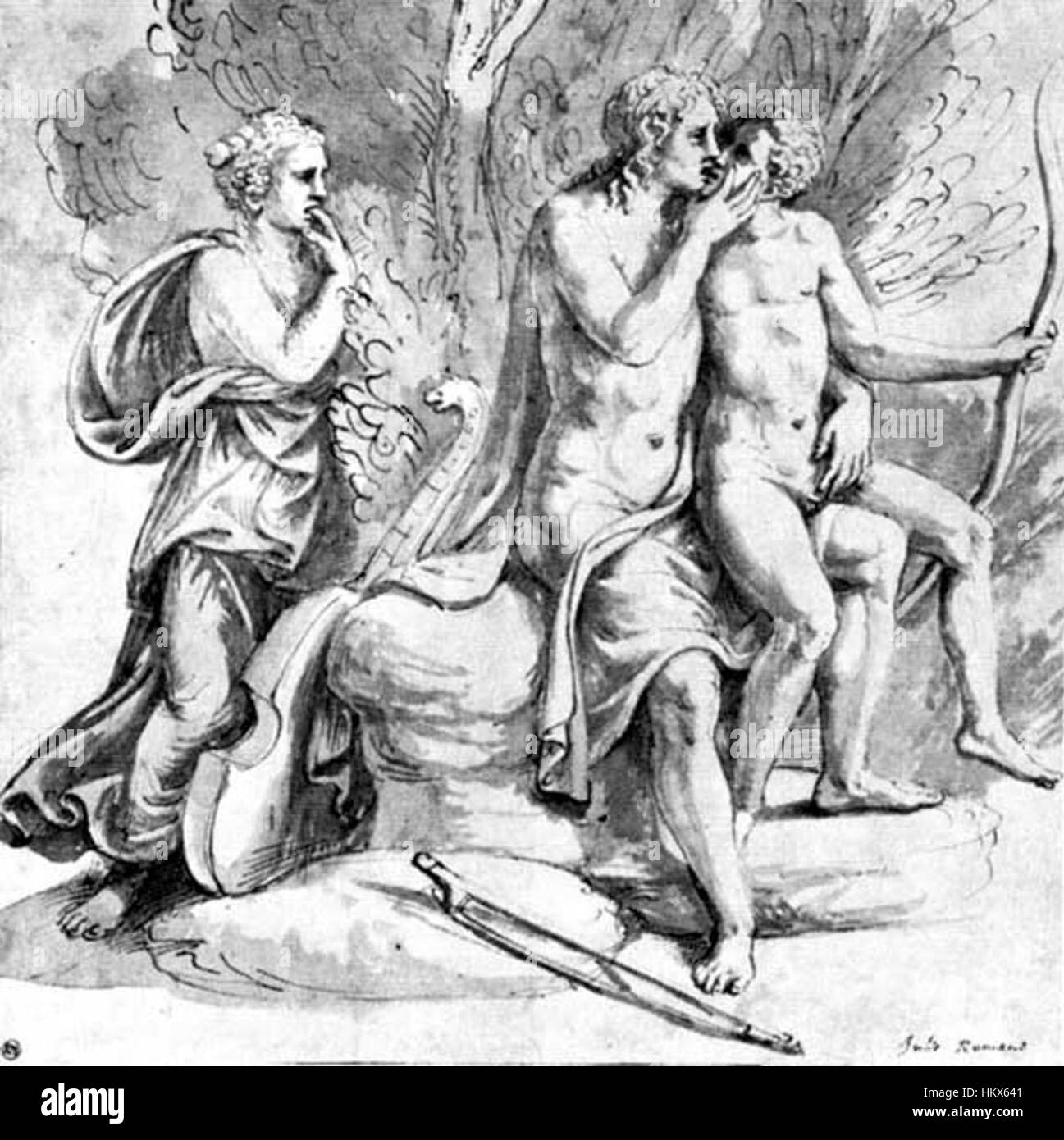 Giulio Romanos „Apollo und Cyparissus“ fängt die mythologische Erzählung zwischen dem Gott Apollo und der jungen Cyparissus ein und veranschaulicht die Renaissance-Mythologie in der Malerei. Stockfoto