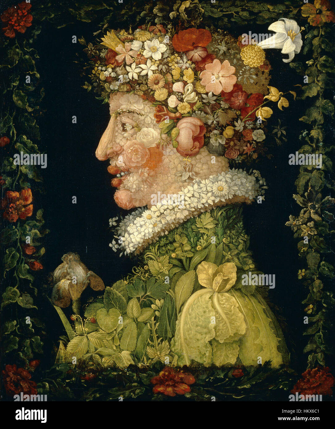Giuseppe Arcimboldos *Frühling* (1573) ist ein berühmtes Gemälde mit einem Kompositportrait aus Blumen und Pflanzen. Arcimboldos fantasievolle Nutzung der Natur zur Gestaltung menschlicher Figuren ist ein Zeichen seines kreativen Stils. Stockfoto