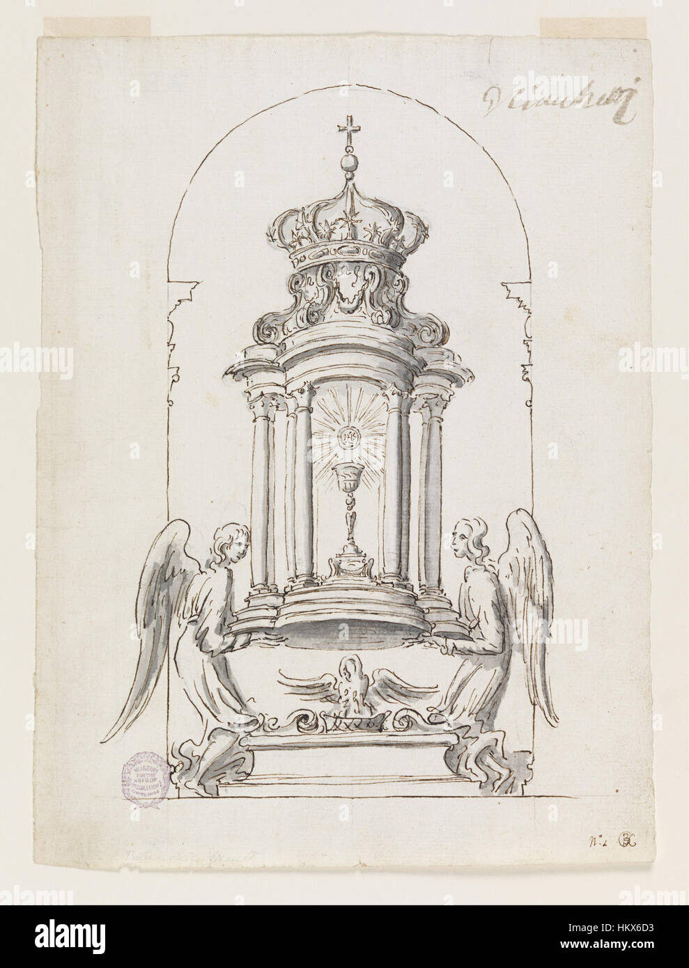 Dieser Entwurf von G B C ist eine konzeptionelle Zeichnung für eine Tabernakeltür, die in Bronze gefertigt werden soll. Das komplexe Kunstwerk zeigt religiöse Symbole und Motive, die die heilige Natur des Tabernakels darstellen. Die Liebe zum Detail und die Verwendung starker geometrischer Formen im Design spiegeln sowohl die künstlerische als auch die spirituelle Bedeutung der religiösen Handwerkskunst wider. Stockfoto