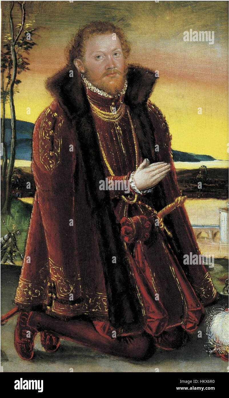 Dieses Porträt des deutschen Fürsten Joachim Ernst von Anhalt aus dem 17. Jahrhundert zeigt seinen edlen Status und den raffinierten Stil barocker Porträts. Das Gemälde spiegelt seine Stellung im europäischen Adel wider. Stockfoto