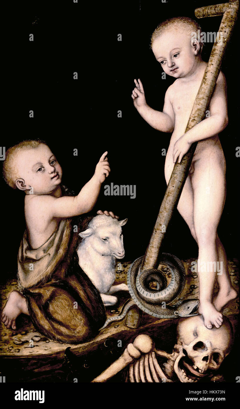 Lucas Cranach der Ältere „Anbetung des Jesuskindes durch Johannes den Täufer“ ist ein Meisterwerk der Renaissance, das den biblischen Moment darstellt, in dem Johannes der Täufer das Christuskind präsentiert. Die lebendigen Farben und die detaillierten Figuren spiegeln Cranachs Geschick in der religiösen Erzählkunst wider. Stockfoto