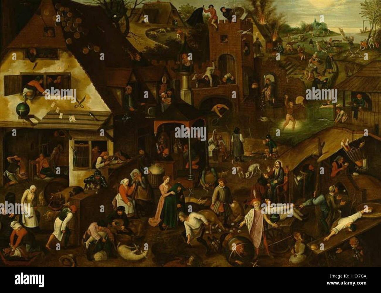Die Spreekwoorden von Pieter Bruegel dem Jüngeren aus der Zeit um 1625 ist ein detailgetreues allegorisches Gemälde, das mit visuellen Darstellungen verschiedener niederländischer Sprüche gefüllt ist. Dieses Werk veranschaulicht Bruegels Beherrschung des Humors, des sozialen Kommentars und der Volkskultur. Stockfoto