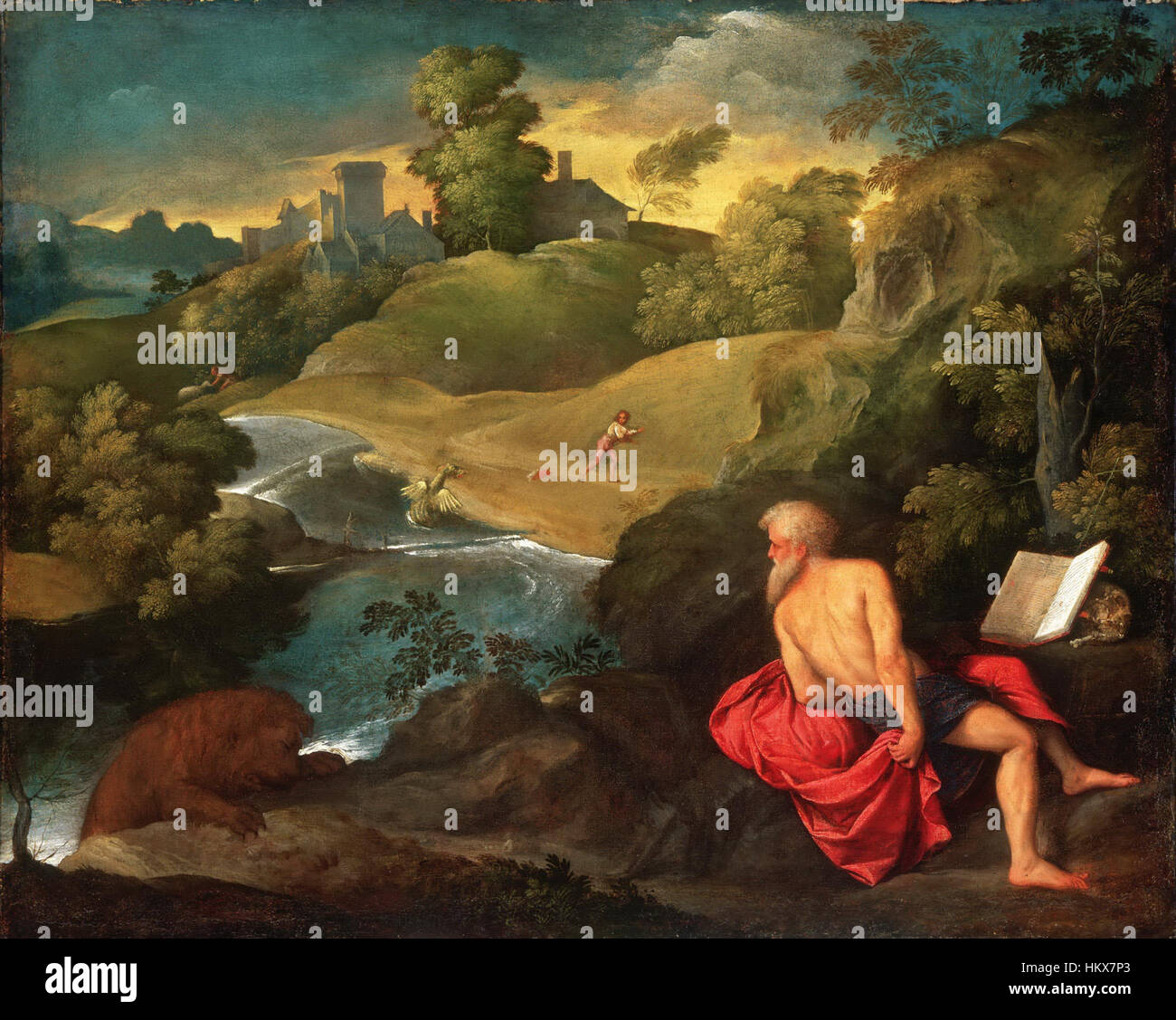 Ein Gemälde von Paris Bordone, das den Heiligen Jerome in der Wildnis darstellt und die religiöse Figur in einem Moment der Einsamkeit und Reflexion festhält. Das Kunstwerk veranschaulicht die religiöse Kunst der Renaissance und die intensive Emotionen spiritueller Hingabe. Stockfoto