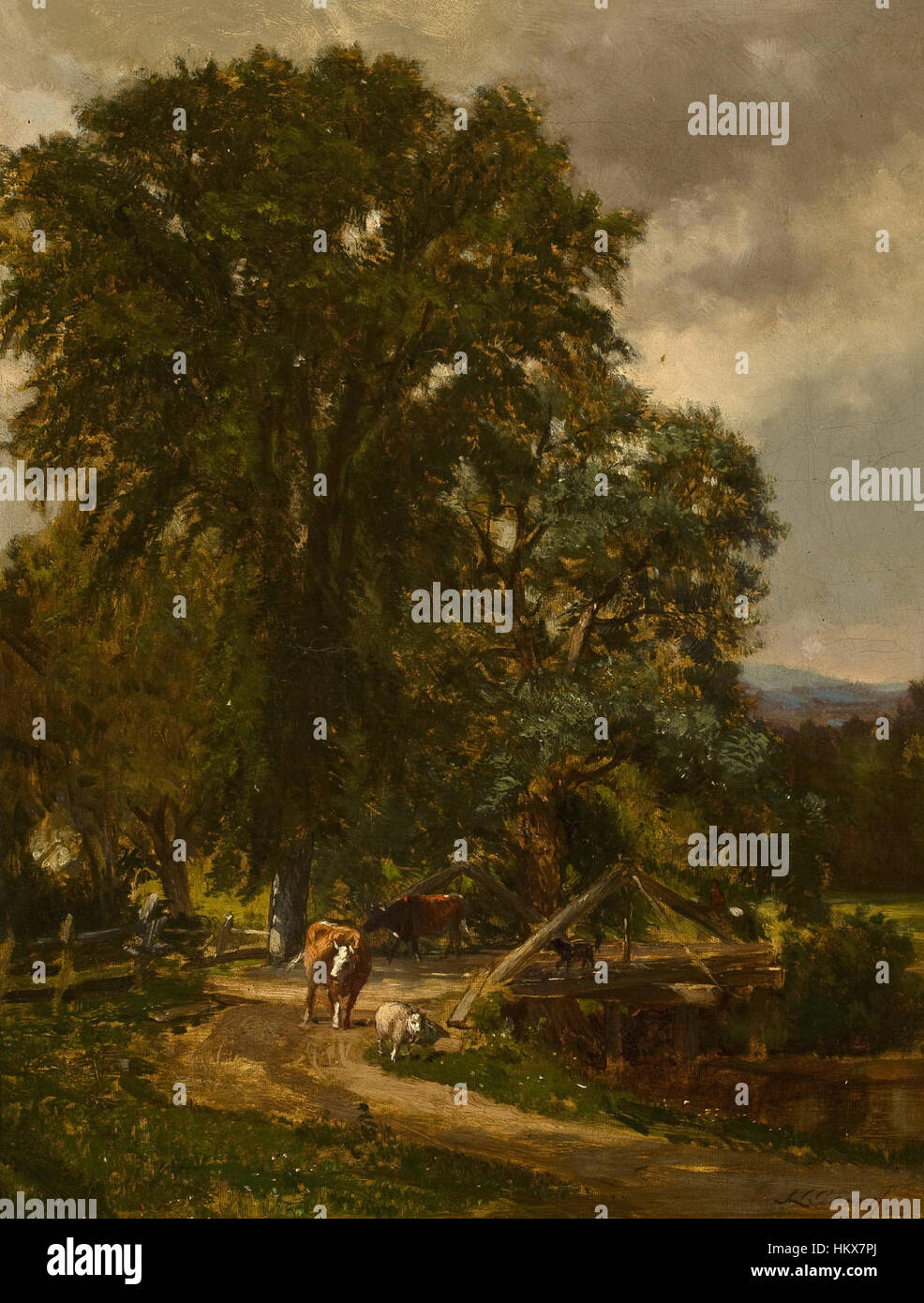 Samuel Lancaster Gerrys Gemälde einer rustikalen Brücke veranschaulicht den Charme ländlicher Landschaften und fängt die Ruhe und Schönheit der Natur mit einem Fokus auf Licht und Schatten ein. Stockfoto