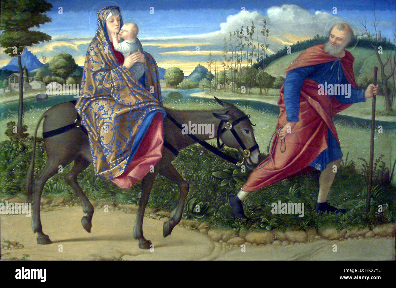 Vittore Carpaccios „der Flug nach Ägypten“ aus dem Jahr 1500 ist ein bedeutendes Beispiel für religiöse Kunst der Renaissance, die den Flug der Heiligen Familie vor König Herodes in einer detaillierten und lebendigen Landschaft darstellt. Stockfoto