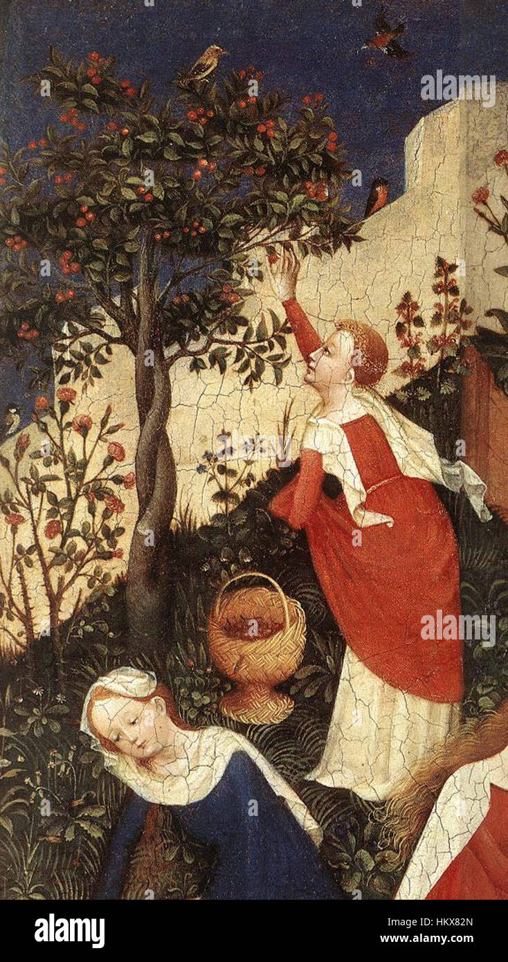 Dieser detaillierte Teil des „Gartens Eden“ des oberrheinischen Meisters zeigt die Kunst des Künstlers, biblische Szenen mit komplizierten Details darzustellen. Das Werk ist Teil der Bemühungen der Nördlichen Renaissance, religiöse Geschichten durch bildende Kunst zu vermitteln. Stockfoto