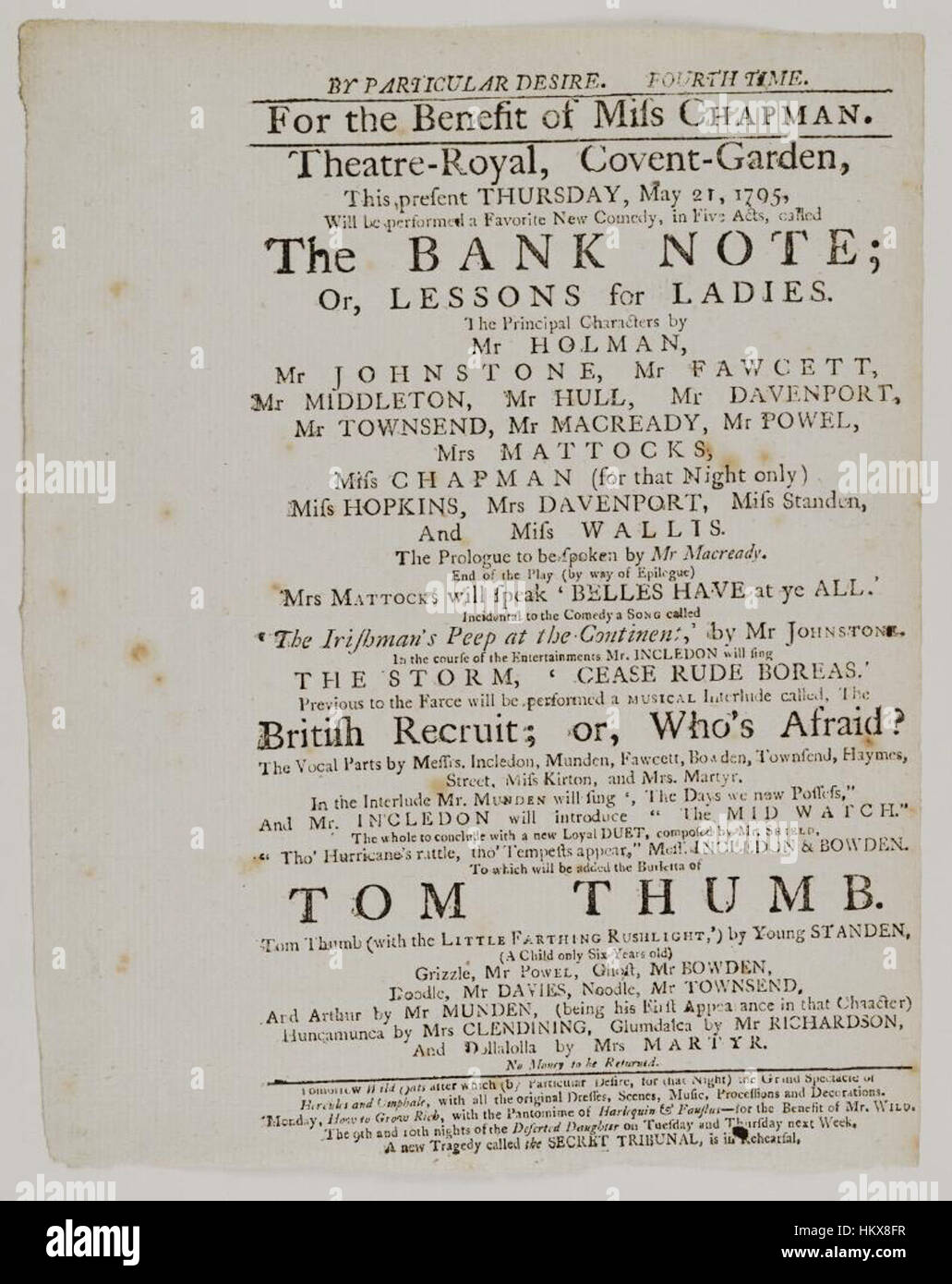 Dieses historische Playbill aus dem Jahr 1795 kündigt eine Vorstellung von „The Bank Note“ im Covent Garden an, die einen Einblick in die Theaterwerbung im London des späten 18. Jahrhunderts bietet. Stockfoto