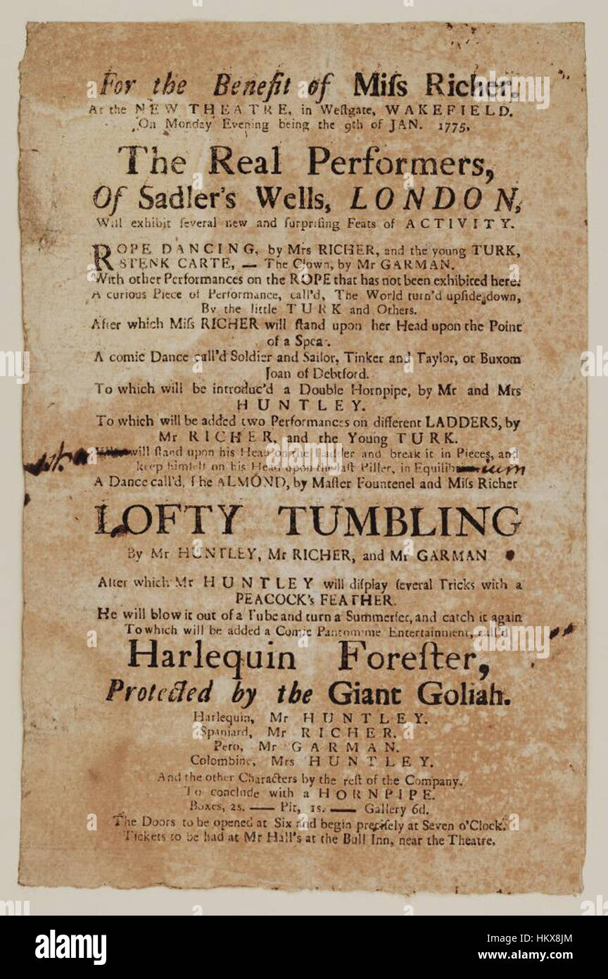 Bodleian Libraries, Programmheft des neuen Theaters geschützt Montagabend 9. Januar 1775, Harlekin Foreftersic Ankündigung durch die Riesen Goliahsic & c. Stockfoto