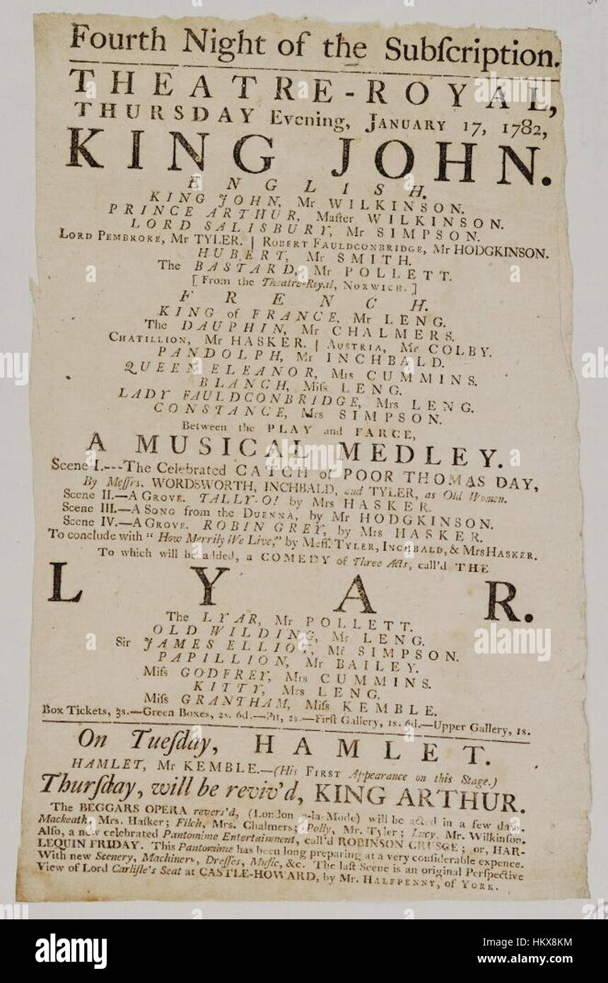 Dieser historische Playbill aus den Bodleian Libraries kündigt die Aufführung von King John im Theatre Royal am 17. Januar 1782 an. Es dient als Momentaufnahme des britischen Theaters aus dem 18. Jahrhundert und der damaligen Kulturgeschichte. Stockfoto