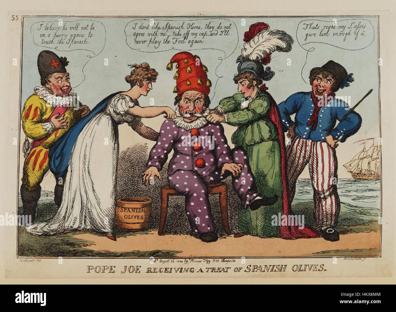 Eine Darstellung aus der Sammlung der Bodleian Libraries, die zeigt, wie Papst Joe eine Schenkung spanischer Oliven erhält. Diese Arbeit bietet eine historische Perspektive auf kulturellen Austausch und religiöse Darstellungen in der Kunst. Stockfoto