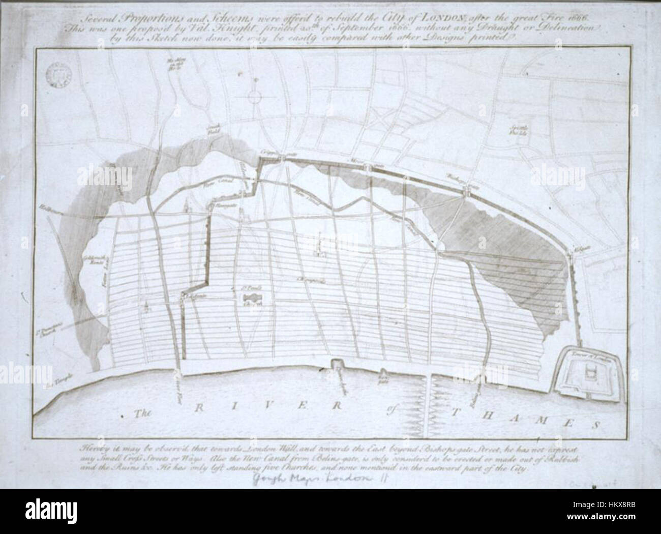 Dieser Vorschlag, der von Val Knight erstellt wurde, enthält Pläne für den Wiederaufbau Londons nach dem verheerenden Großbrand von 1666. Das Design spiegelt die Vision einer besser organisierten und modernen Stadt wider, mit verbesserter Infrastruktur und feuerfesten Gebäuden, die entscheidend für die Erholung nach der Zerstörung der Stadt sind. Der Vorschlag war Teil früherer Bemühungen, London in der Zeit nach dem Brand neu zu gestalten. Stockfoto