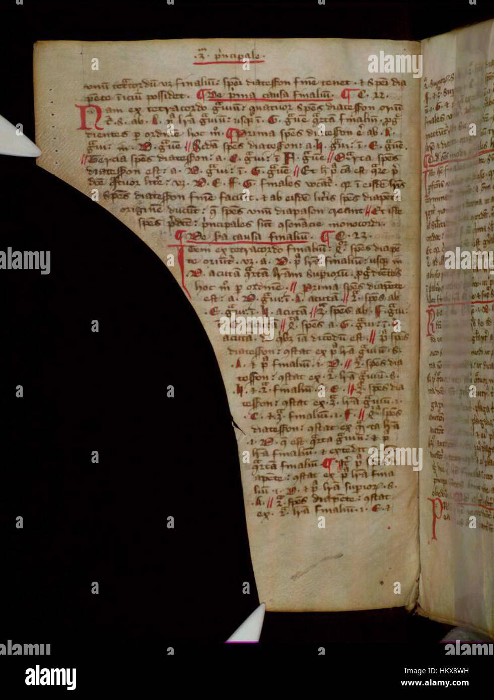 Dieses Folio von *Quattuor prinzipalia musicae* veranschaulicht die mittelalterliche Musiktheorie und zeigt sowohl musikalische Notation als auch eine reiche Dekoration, die die künstlerischen und wissenschaftlichen Bemühungen der Renaissance in Europa veranschaulicht. Stockfoto