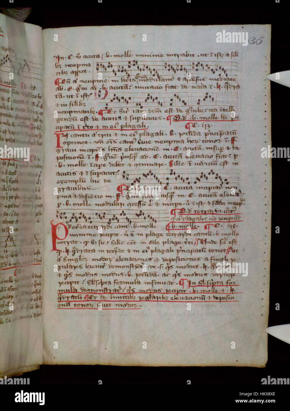 Das „Quattuor prinzipalia musicae“ ist eine wichtige mittelalterliche Handschrift, die in den Bodleian Libraries untergebracht ist. Das 35r-Folio enthält kritische Informationen über die frühe westliche Musiktheorie und Notation, die einen Einblick in die musikalischen Praktiken des Mittelalters geben. Stockfoto