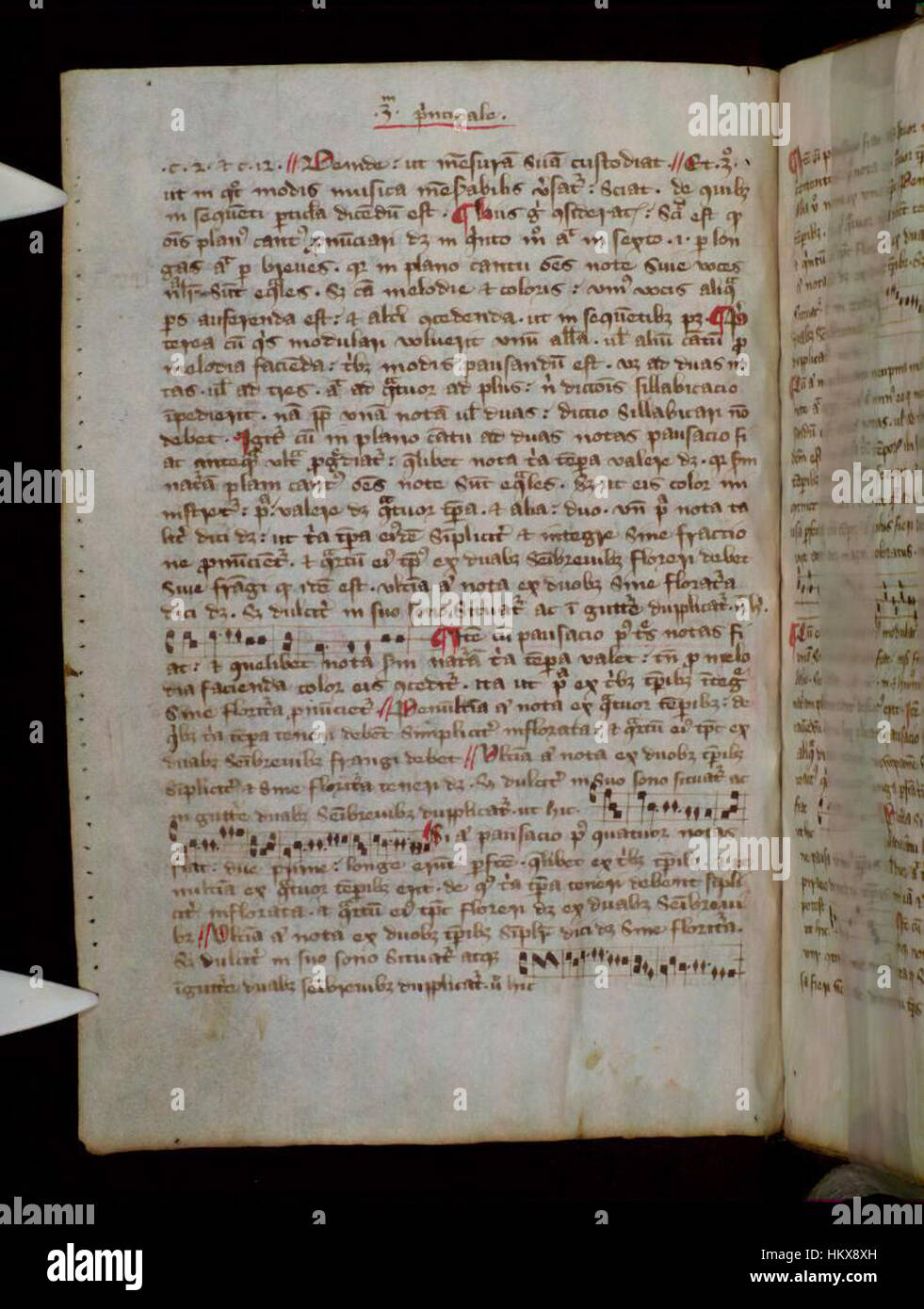 Das Manuskript „Quattuor prinzipalia musicae 36v“ in den Bodleian Libraries präsentiert wichtige Prinzipien der mittelalterlichen Musiktheorie und zeigt komplizierte Notationen und Illustrationen aus dem 15. Jahrhundert. Stockfoto